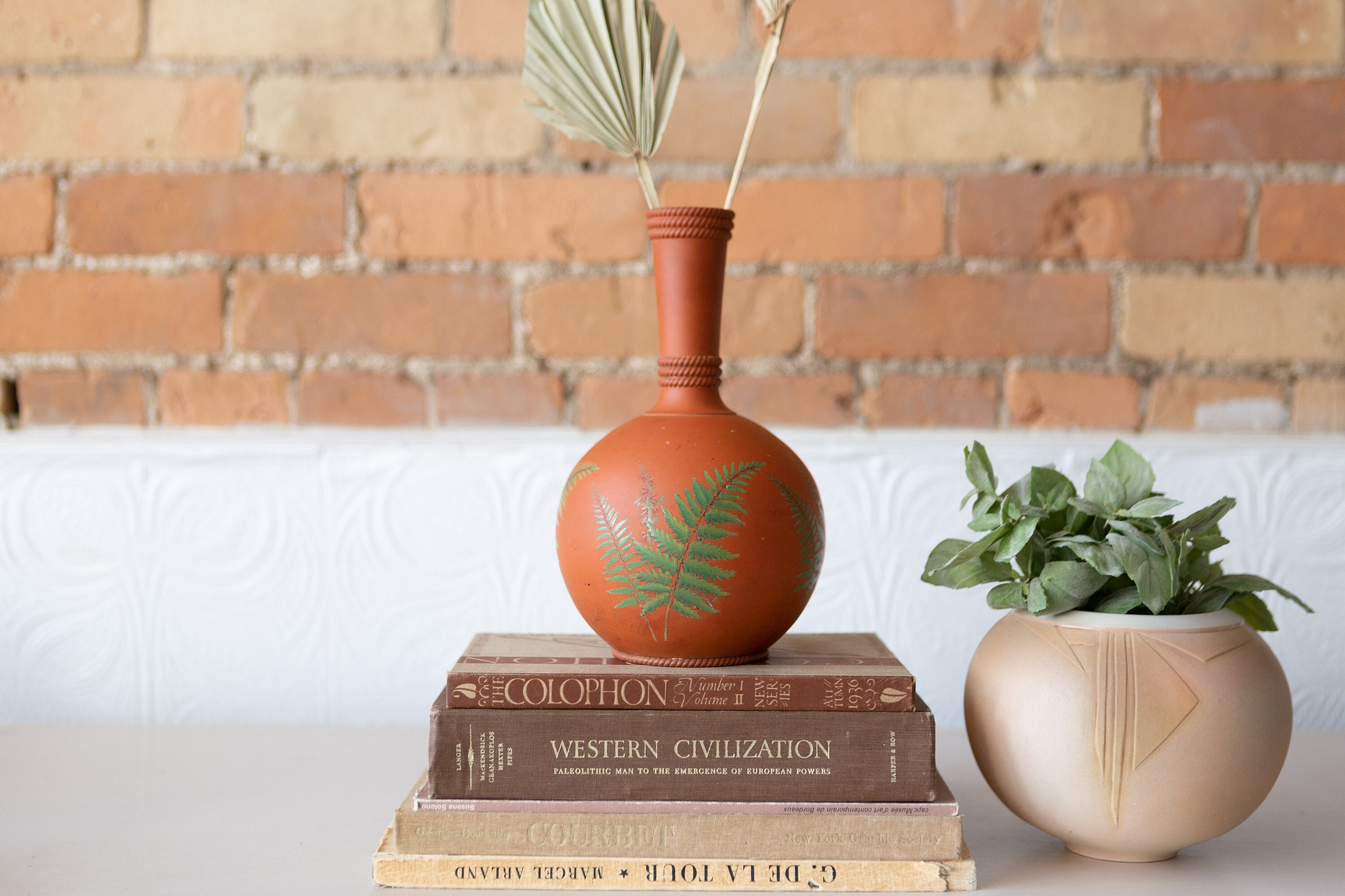 Vintage Terracotta Vase with Ferm Overlay Studio Pottery Art Vase for