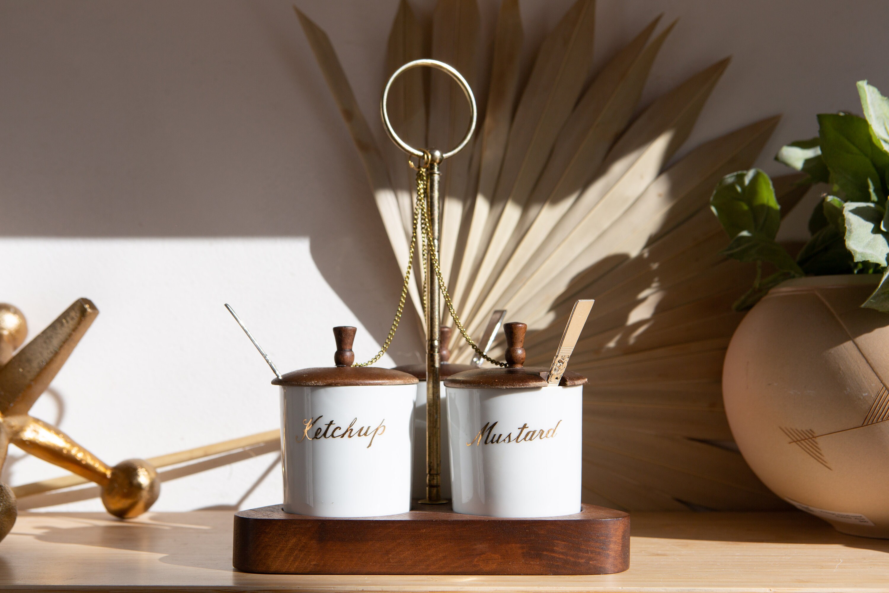 Vintage Condiment Serving Set Ceramic and Wood Retro BBQ Party