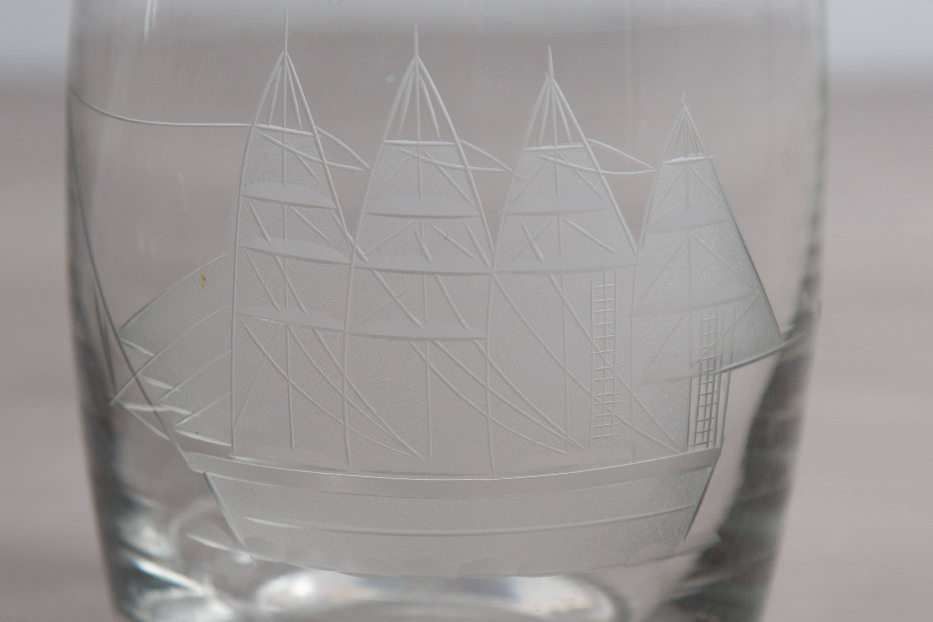Crystal Glass Decanters / Nautical Ship Vintage Etched Glass Decanters