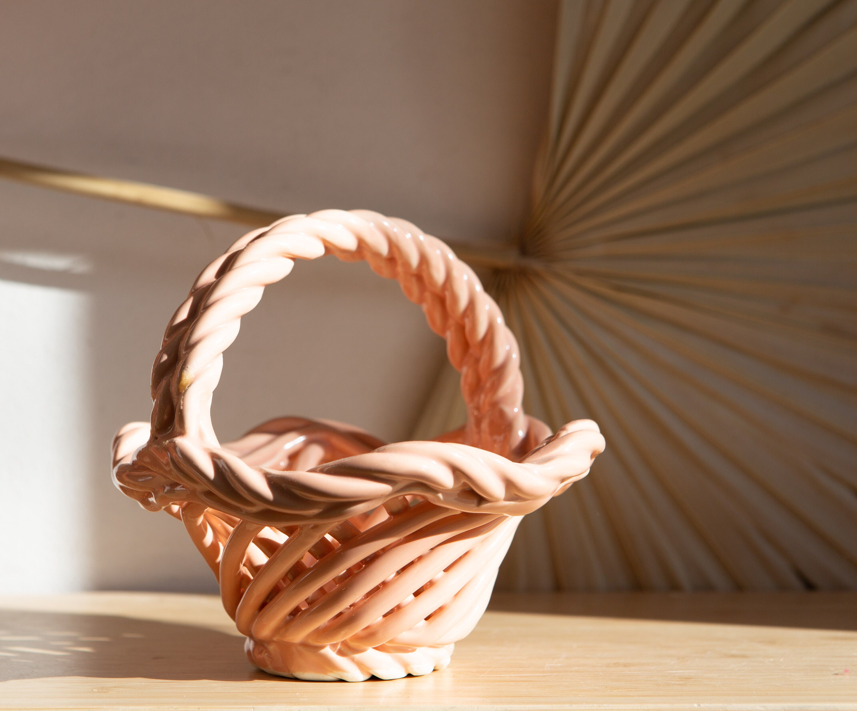 Pink Ceramic Basket Vintage Braided Decorative Bowl Cottage Core Decor