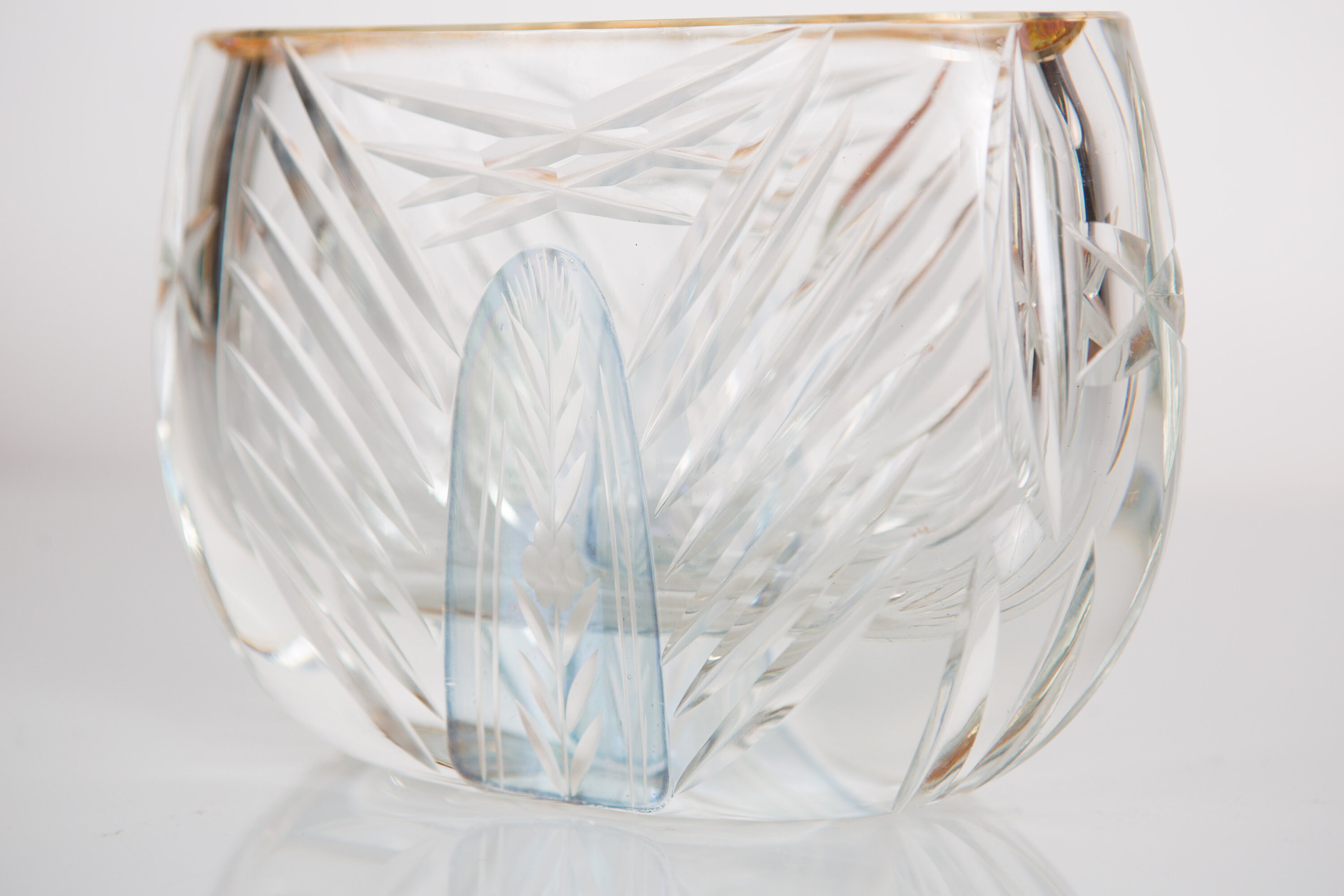 Vintage Crystal Cut Glass Vase with Iridescvent Rim Short and Wide