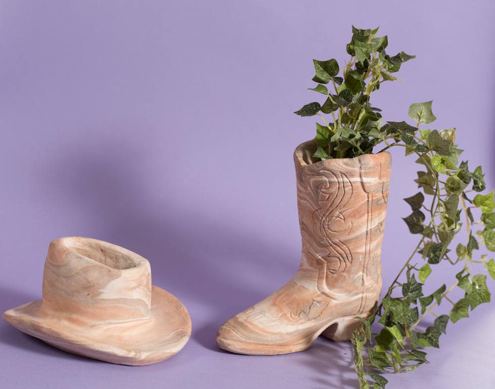 Boot and Hat Planters Vintage Soapstone Cowboy Western Boot Flower Planter Ranch Decorative