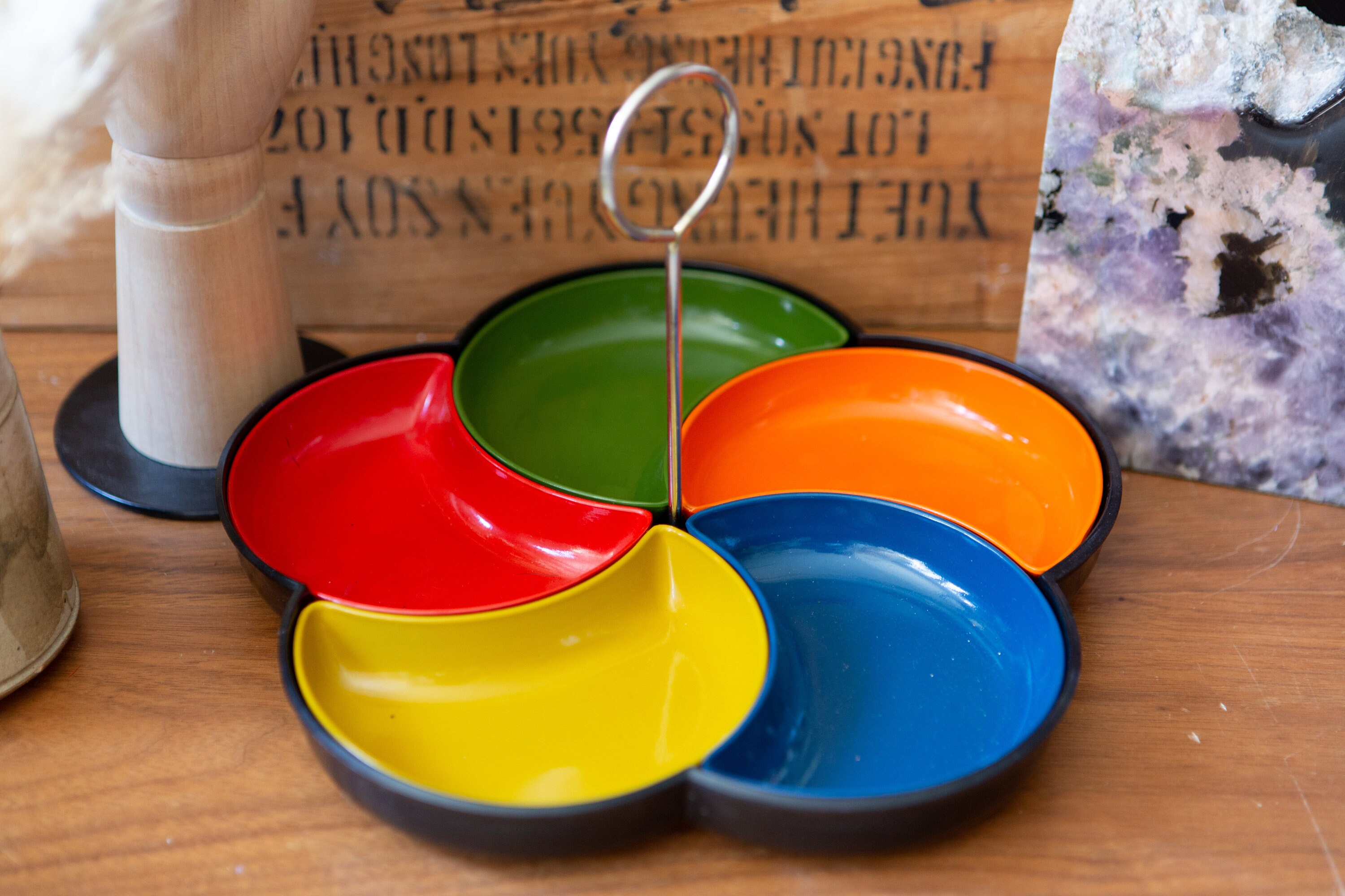 70's Divided Plastic Tray with Rainbow Colors and Metal Carrying Handle