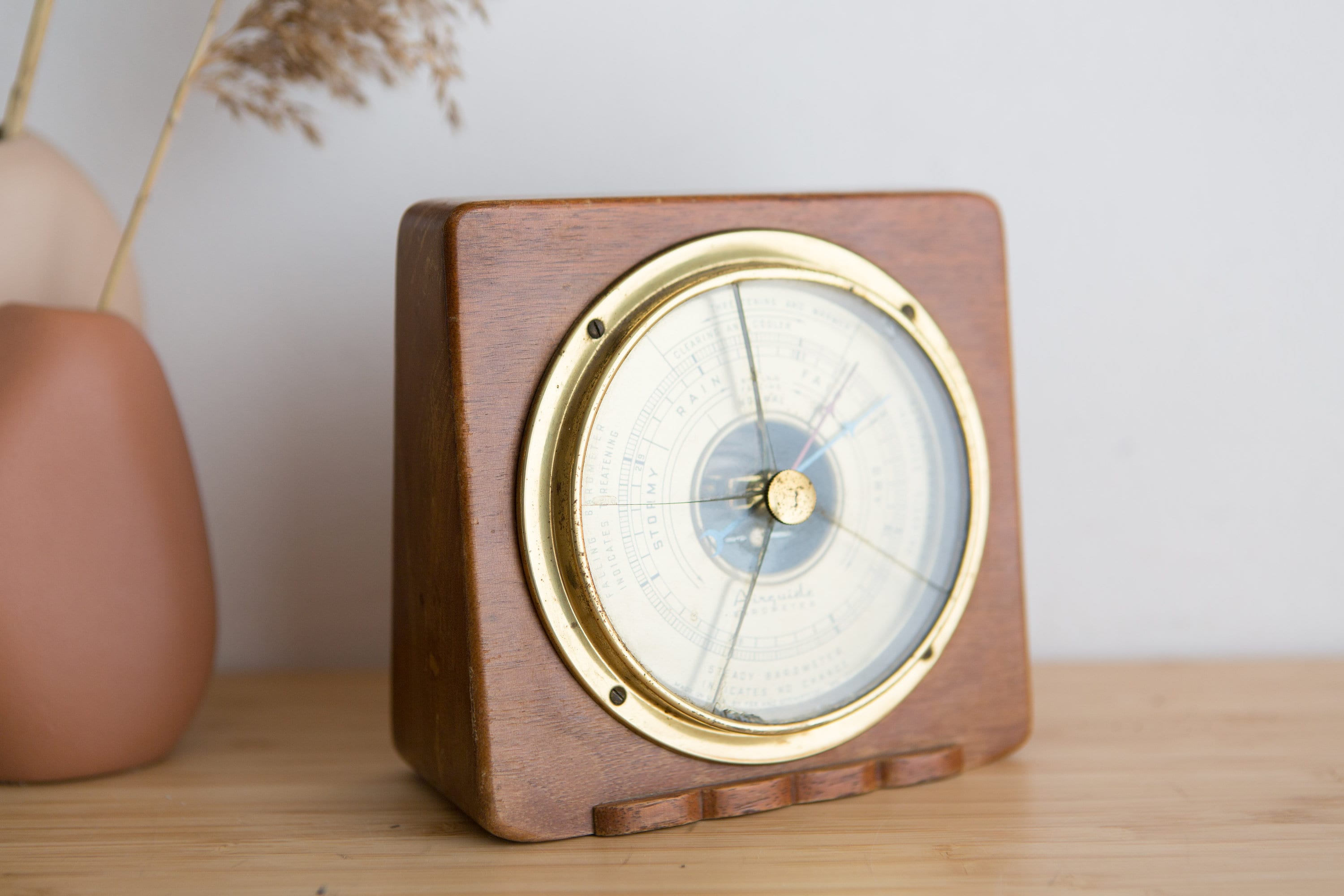 Airguide Wall Barometer 1930's Vintage Brass and Wood Barometer