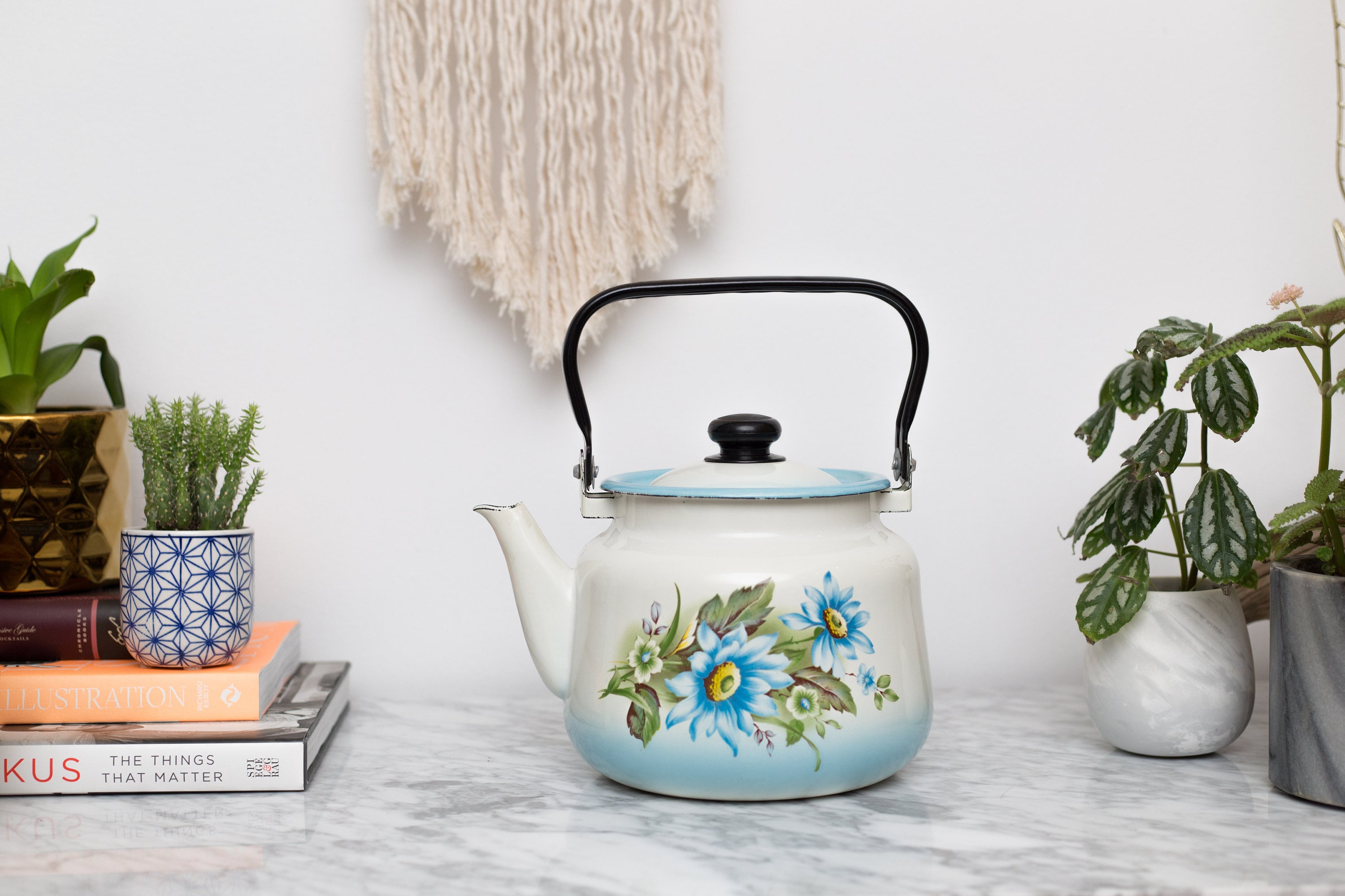 Enamel Floral Teapot Vintage Camping Stovetop Enamelware with Blue Flowers Lidded Retro Tea Pot