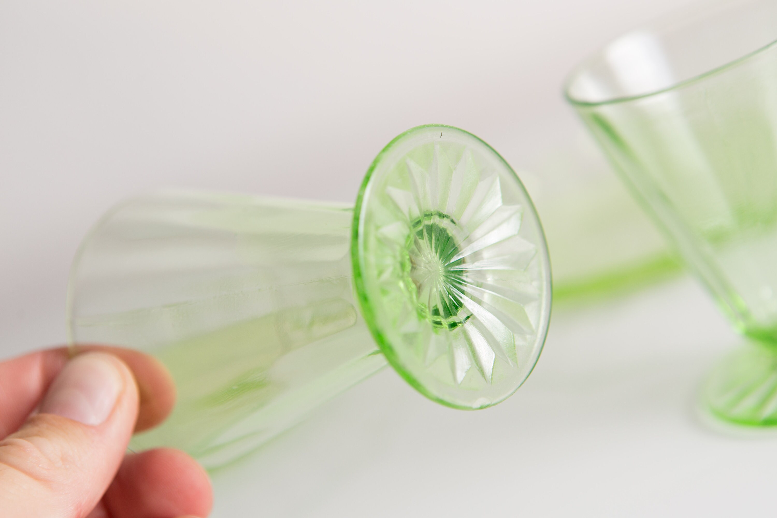 2 Green Apéritif Glasses and 3 Small Plates 2oz Pair of Antique Small