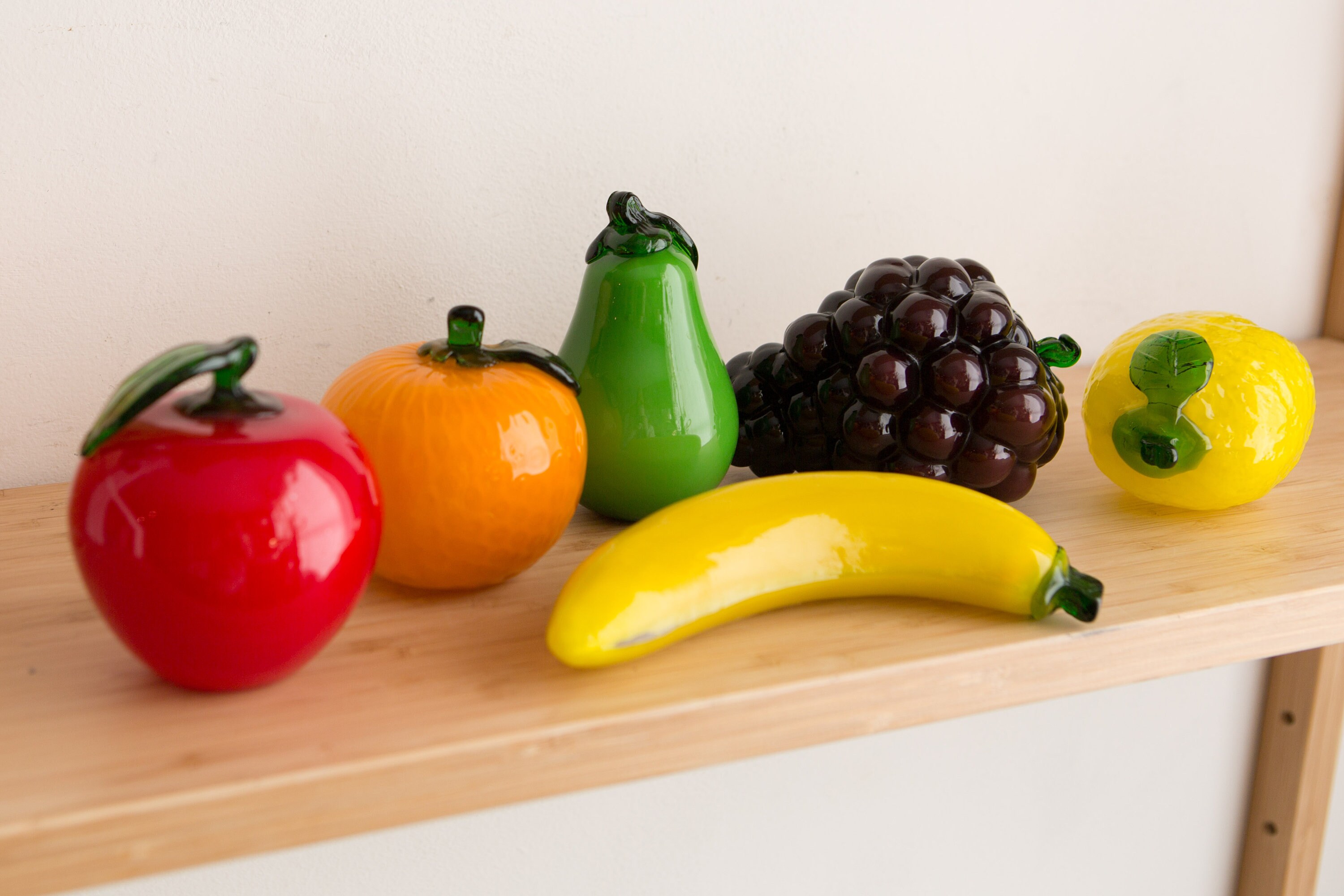 Vintage Glass Fruit Set of 6 Blown Glass Art Yellow Banana, Purple