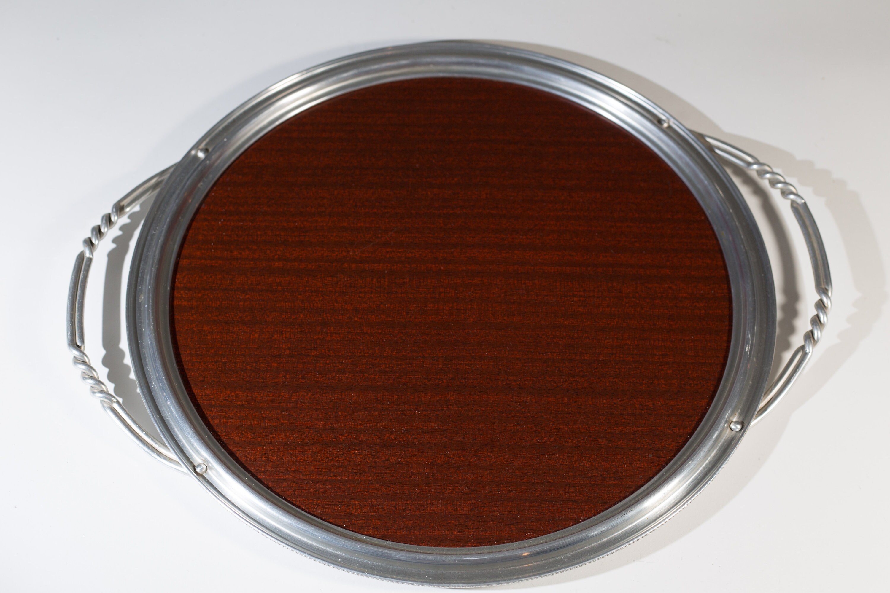 Vintage Cocktail Tray Faux Wood and Metal Serving Plate Round