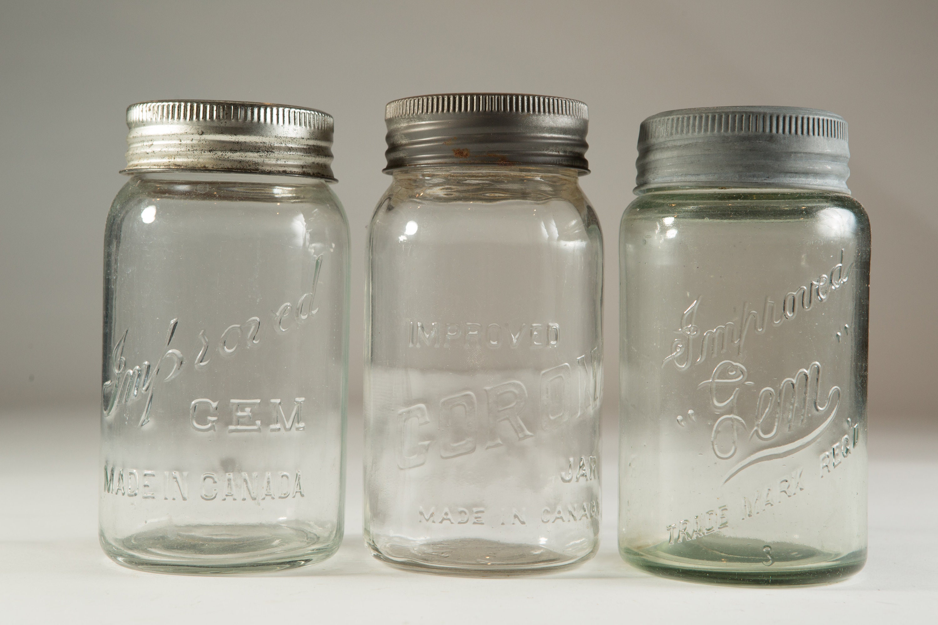3 Vintage Imperial Gem and Corona Canning Mason Jars (Made in Canada