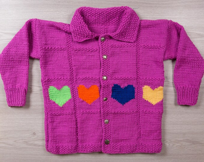 Kids Knit Sweater - Vintage Hand-knit Pullover - Retro Girls Handmade Fuchsia Jumper with Hearts and Squares