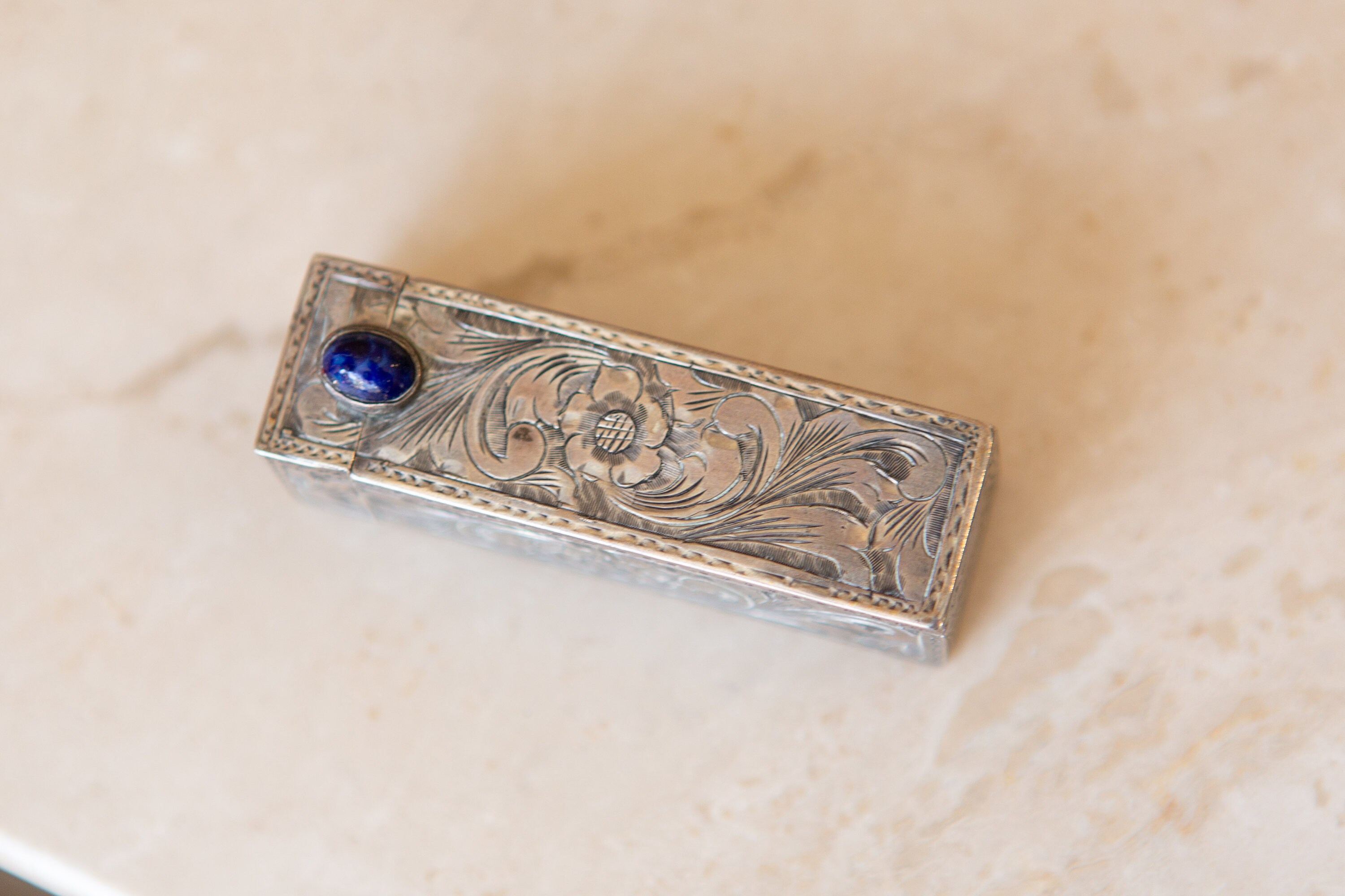 Vintage Sterling Silver Lipstick Case with Mirror Floral Etched Blue