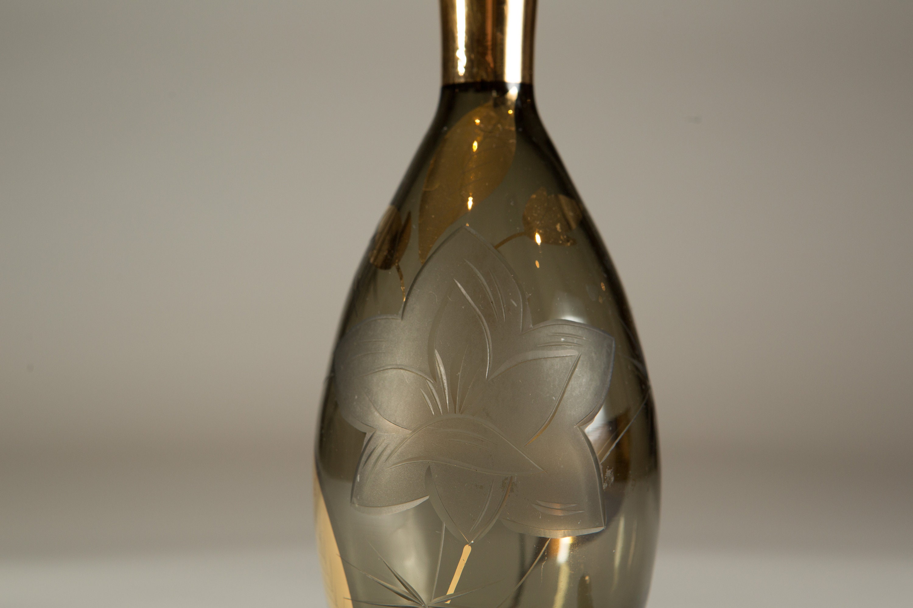 Grey Glass Decanter Handblown Vintage Smoke Gray with Gold Decal