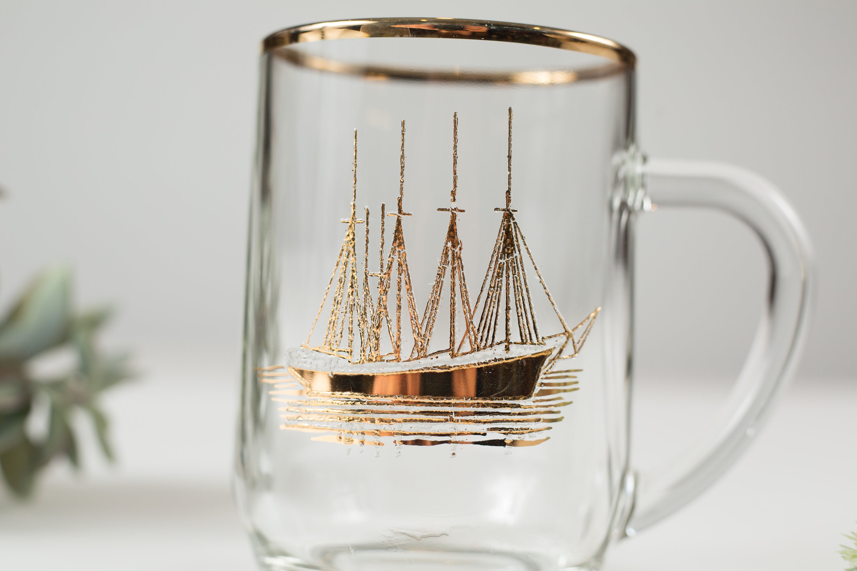 Nautical Ship Mug Gold Decal Vintage Sailboat Beer or Cocktail Glass Ocean Sailing Pirate