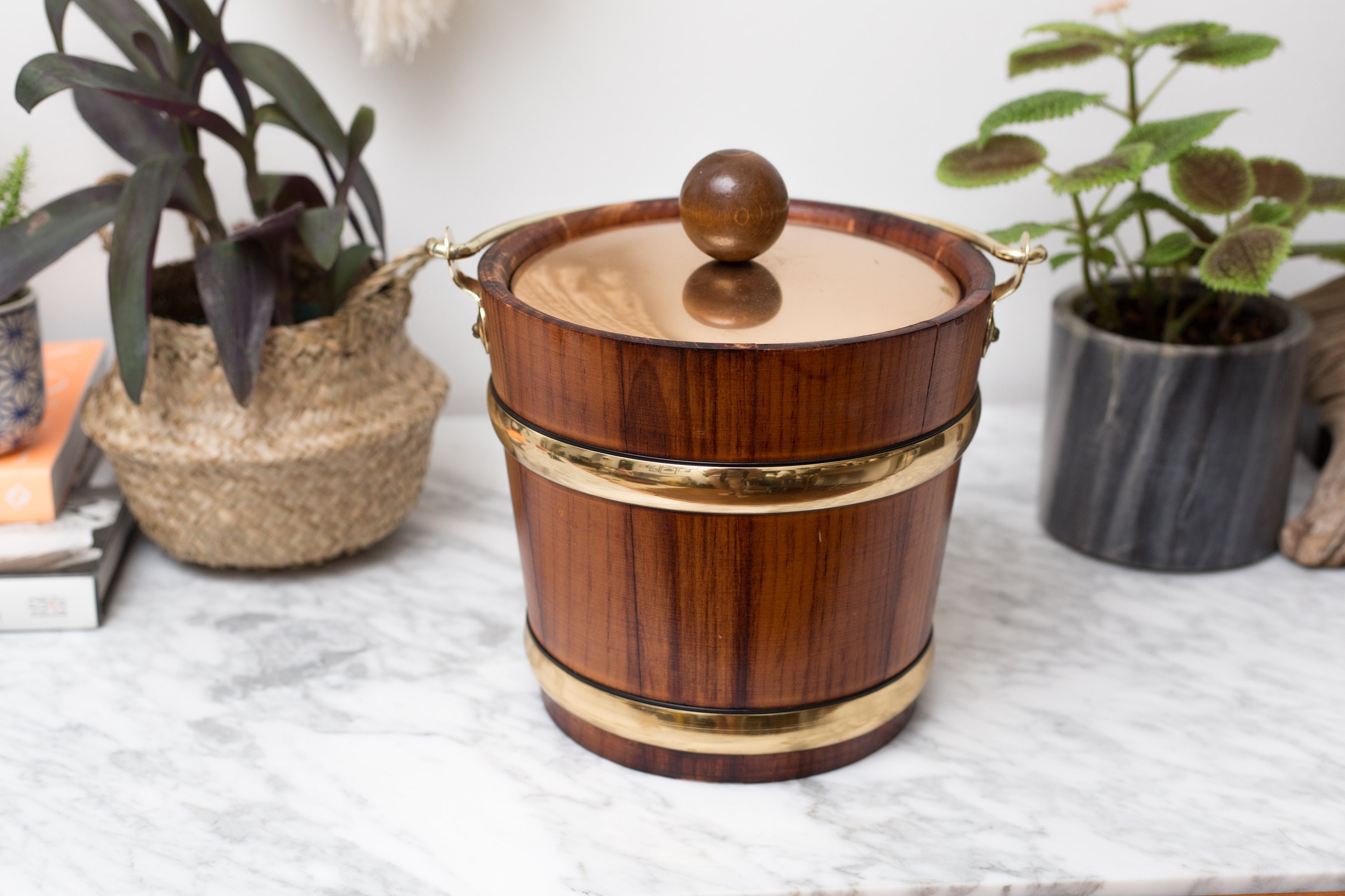 Vintage Wood Ice Bucket with Brass Hardware Wood Grain Barrel Shaped