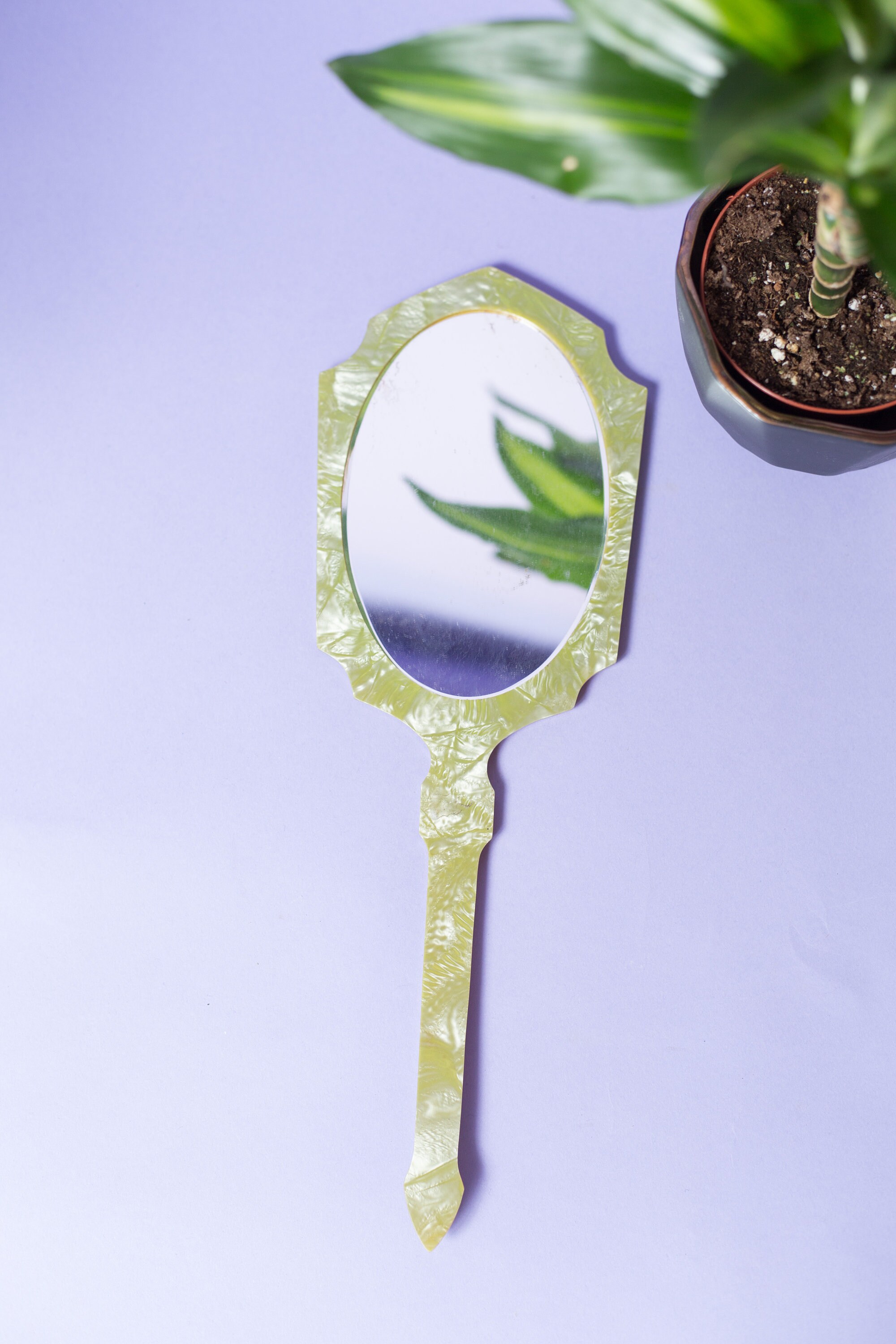 Vintage Vanity Hand Mirror Green Marbled Floral Plastic Victorian Style Bedroom Makeup Mirror