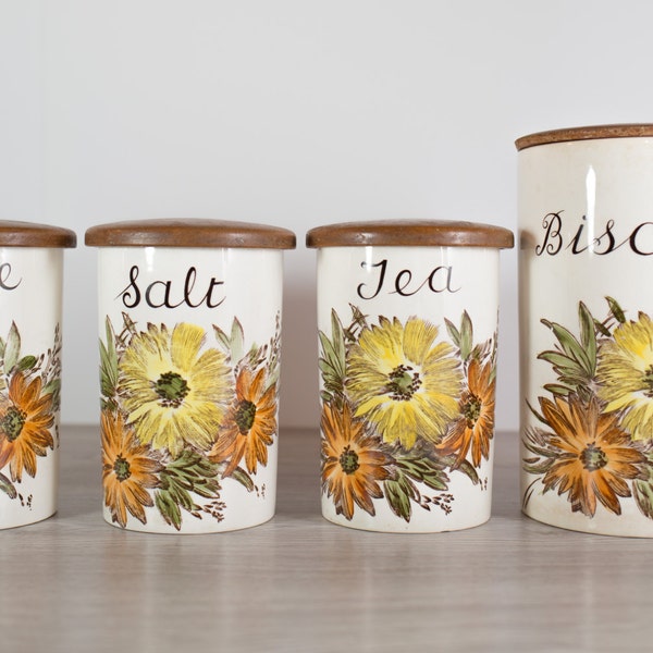 vintage canisters - coffee, tea, salt, biscuit /  hand-painted flower pattern Jars / decorative brown, yellow, orange, watercolor