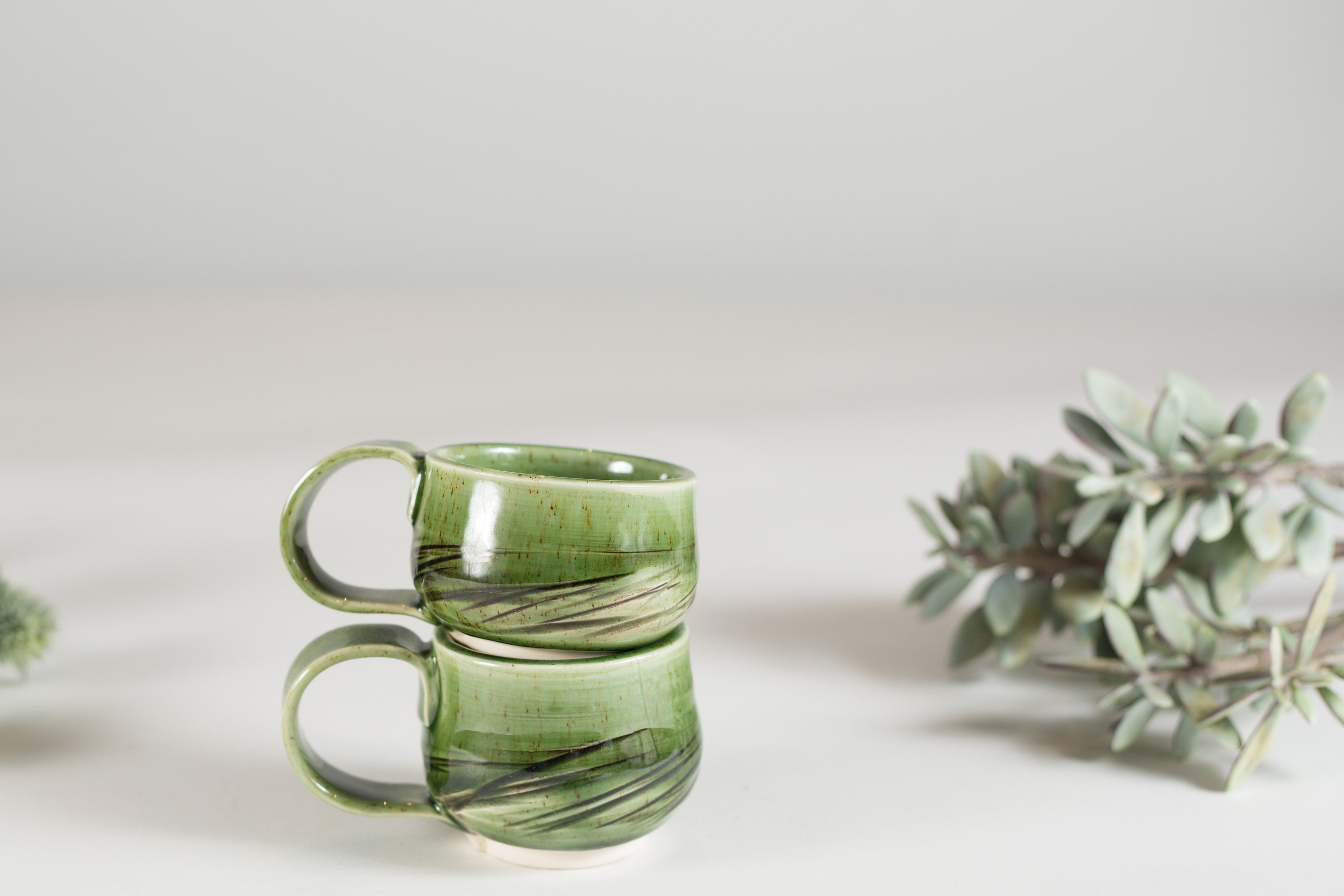 Vintage Green Mugs / Pair of Ceramic Coffee Cups / Boho Modern Dark