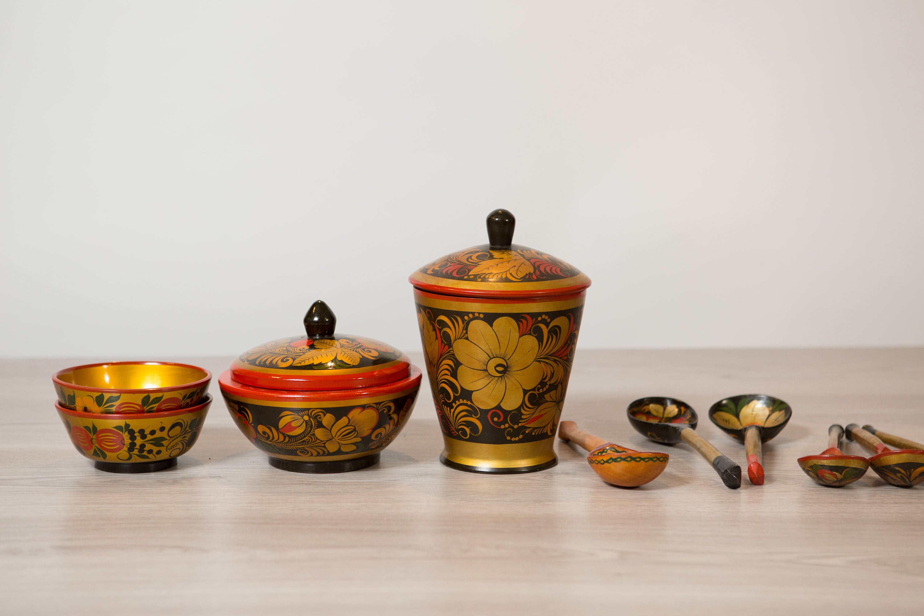 Russian Khokhloma Wooden Spoons, Bowls and Canisters Set of Vintage