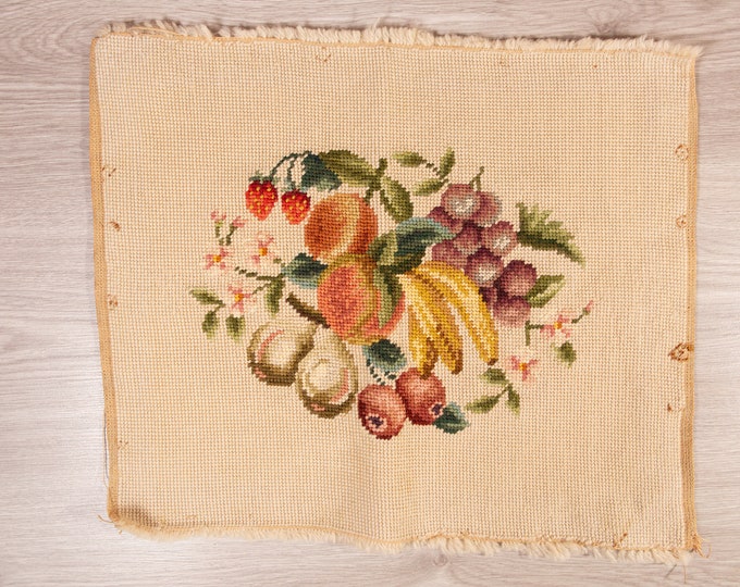 Vintage Hook Rug Art - 60's Mod Decorative Cross Stitch Fruit Art with Bananas, Grapes, Strawberries, Pears, etc