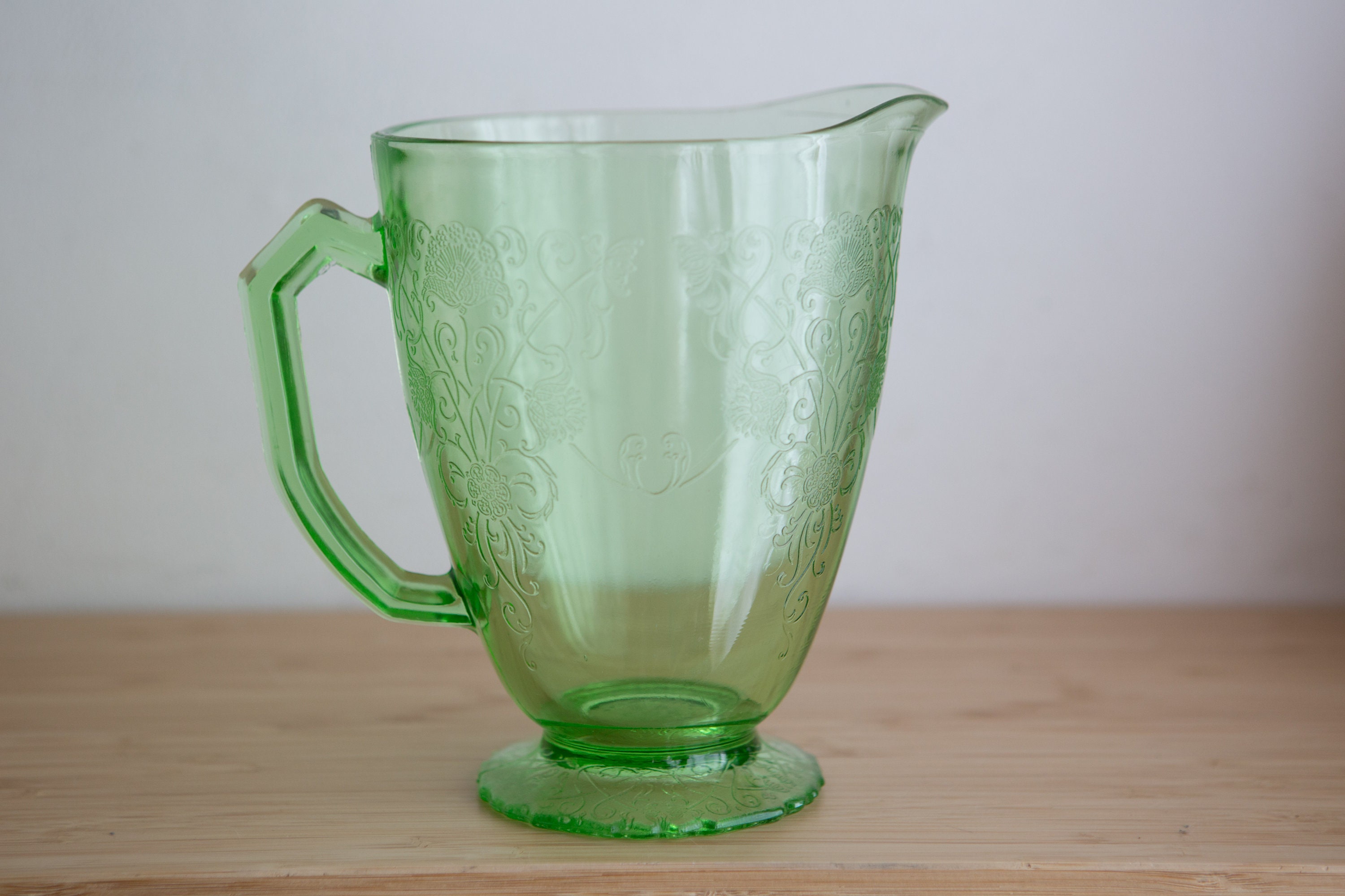 Vaseline Glass Pitcher Florentine or Poppy pattern by Hazel Atlas Antique Uranium Depression