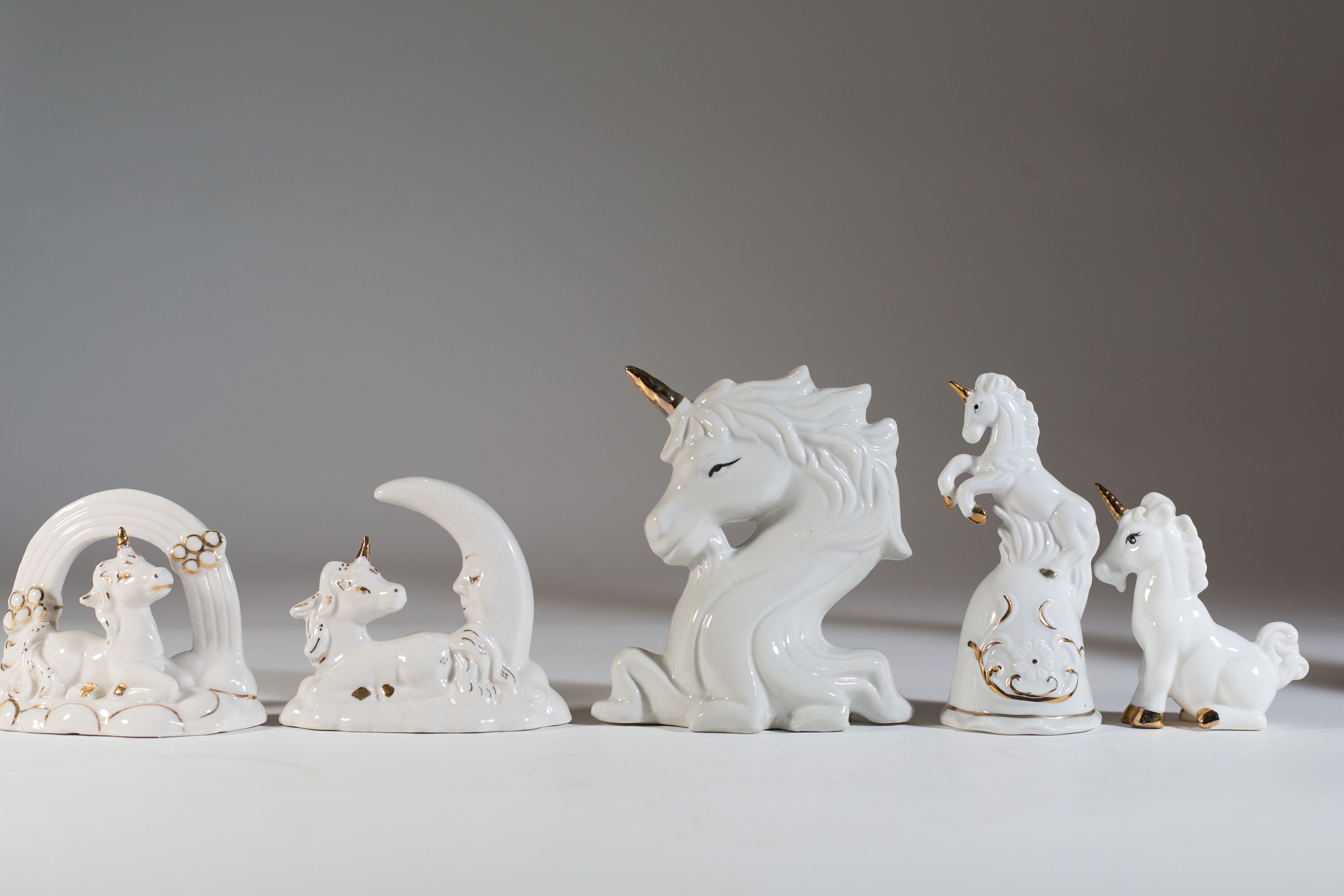 Vintage Ceramic Unicorns 5 Semi Gloss White And Gold Unicorn Figurine Knick Knacks