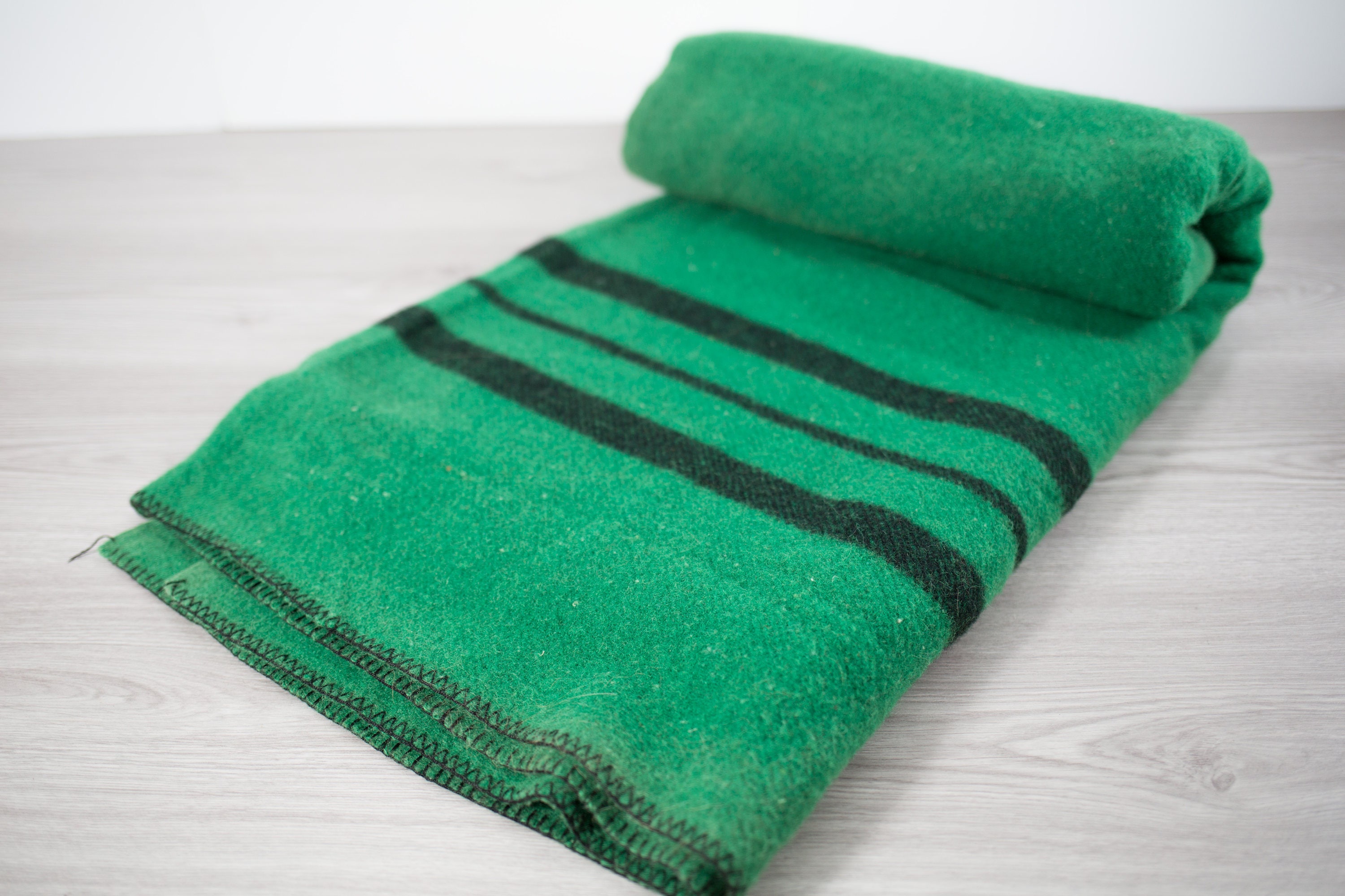 Green Wool Stripe Blanket / Large Vintage Pinstripe Harmony House Wool