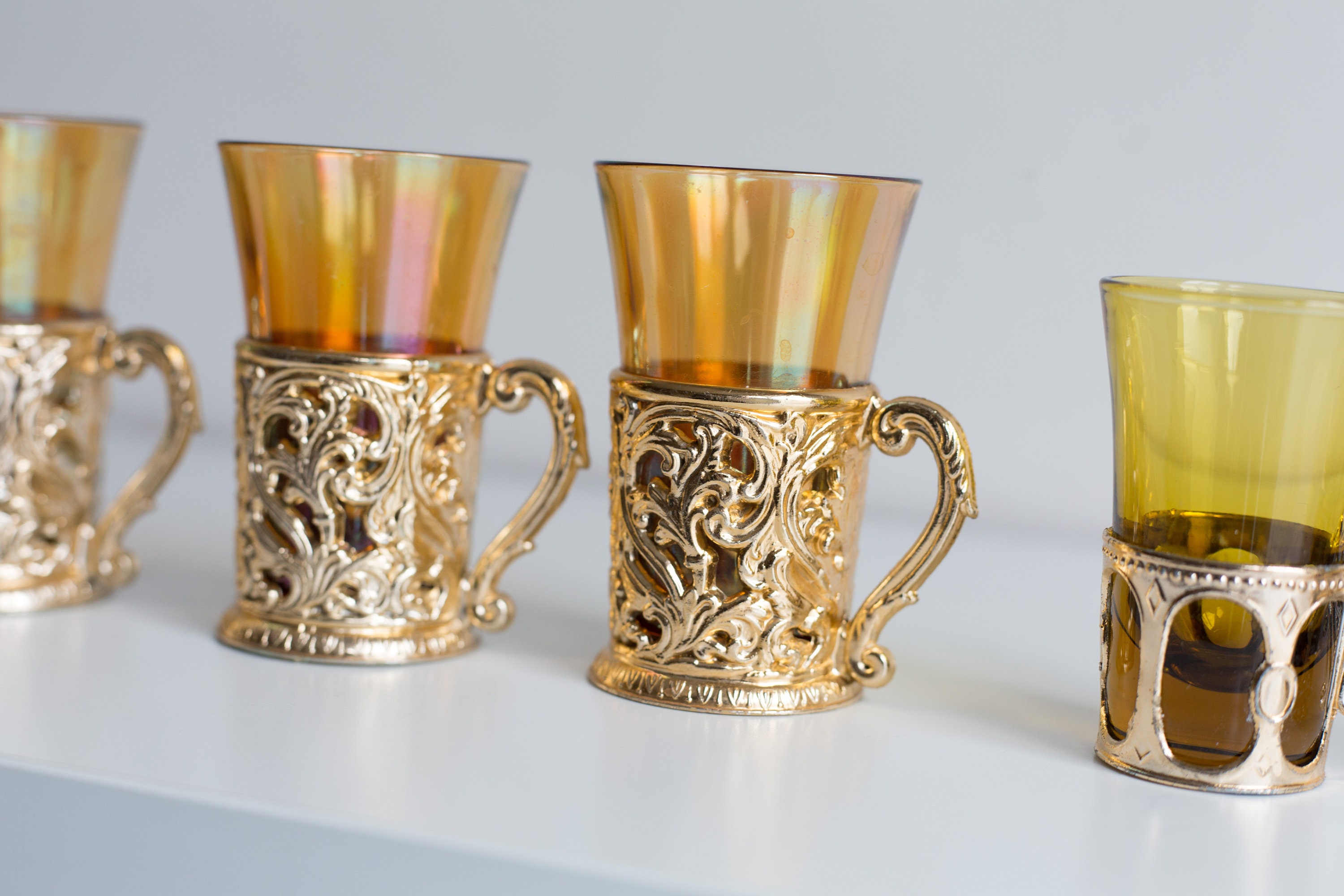 Vintage Shot Glasses Ornate Encased Apéritif Iridescent Glass with