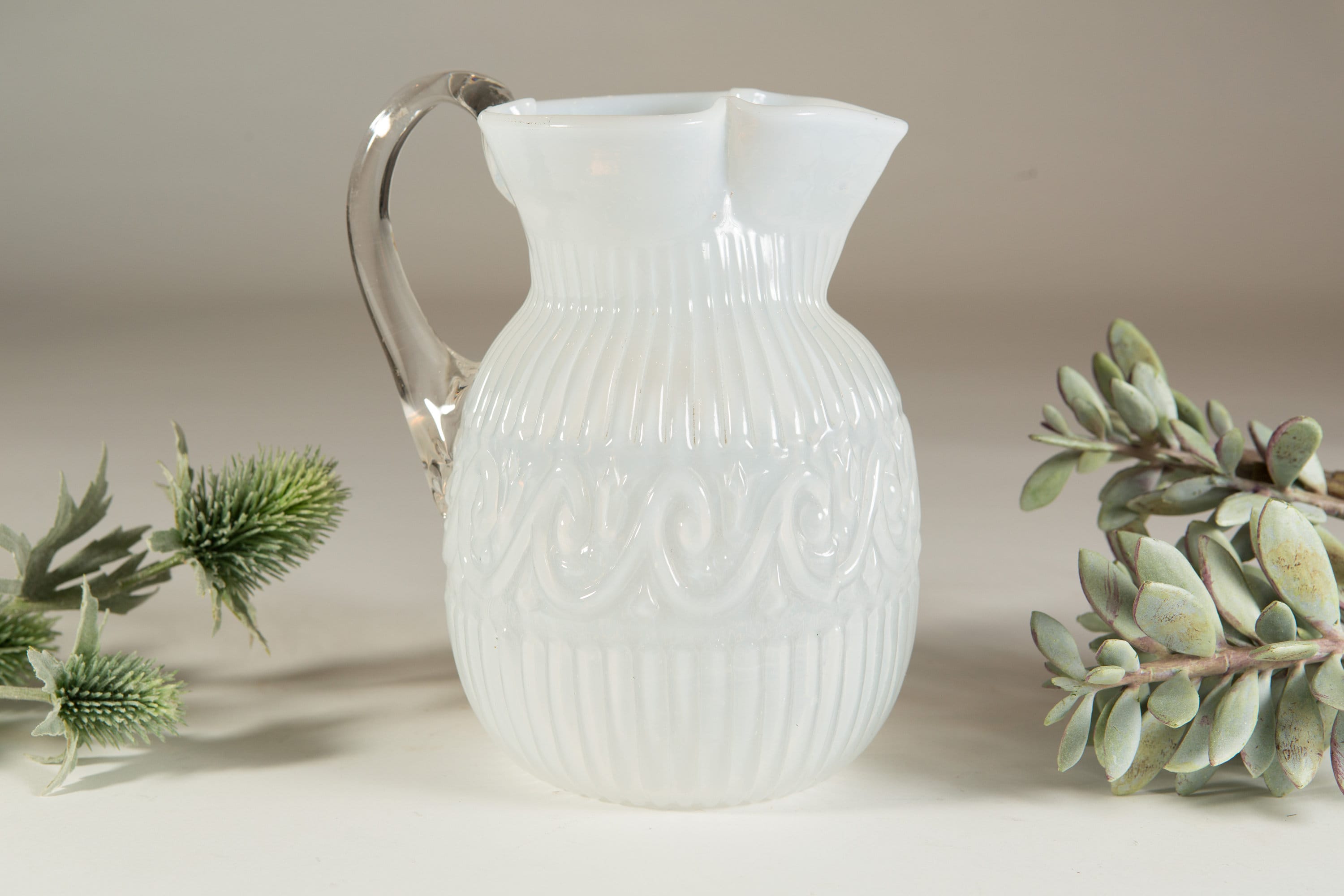 Antique White Glass Pitcher Late 1800's Pleated Opalescent Cocktail