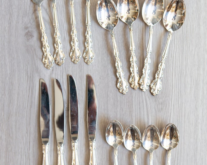 Vintage Silver Plated Spoon, Knife and Fork Set - 16-piece Modern Baroque Community Plate Cutlery - Edwardian Style Flatware