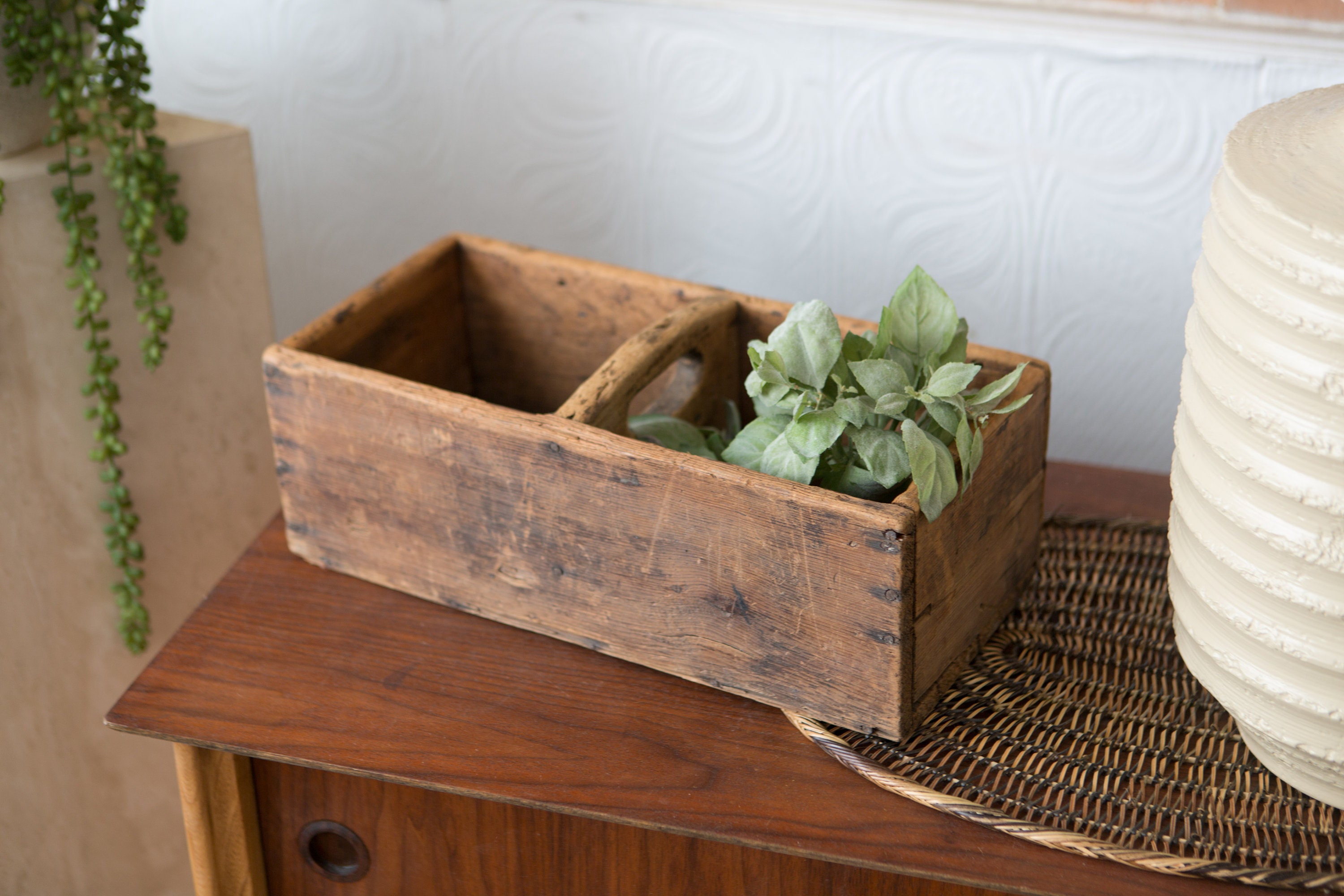 Vintage Wood Box Wall Hanging Muted Antique Wood Flower Pot Rustic Farmhouse Country Decor