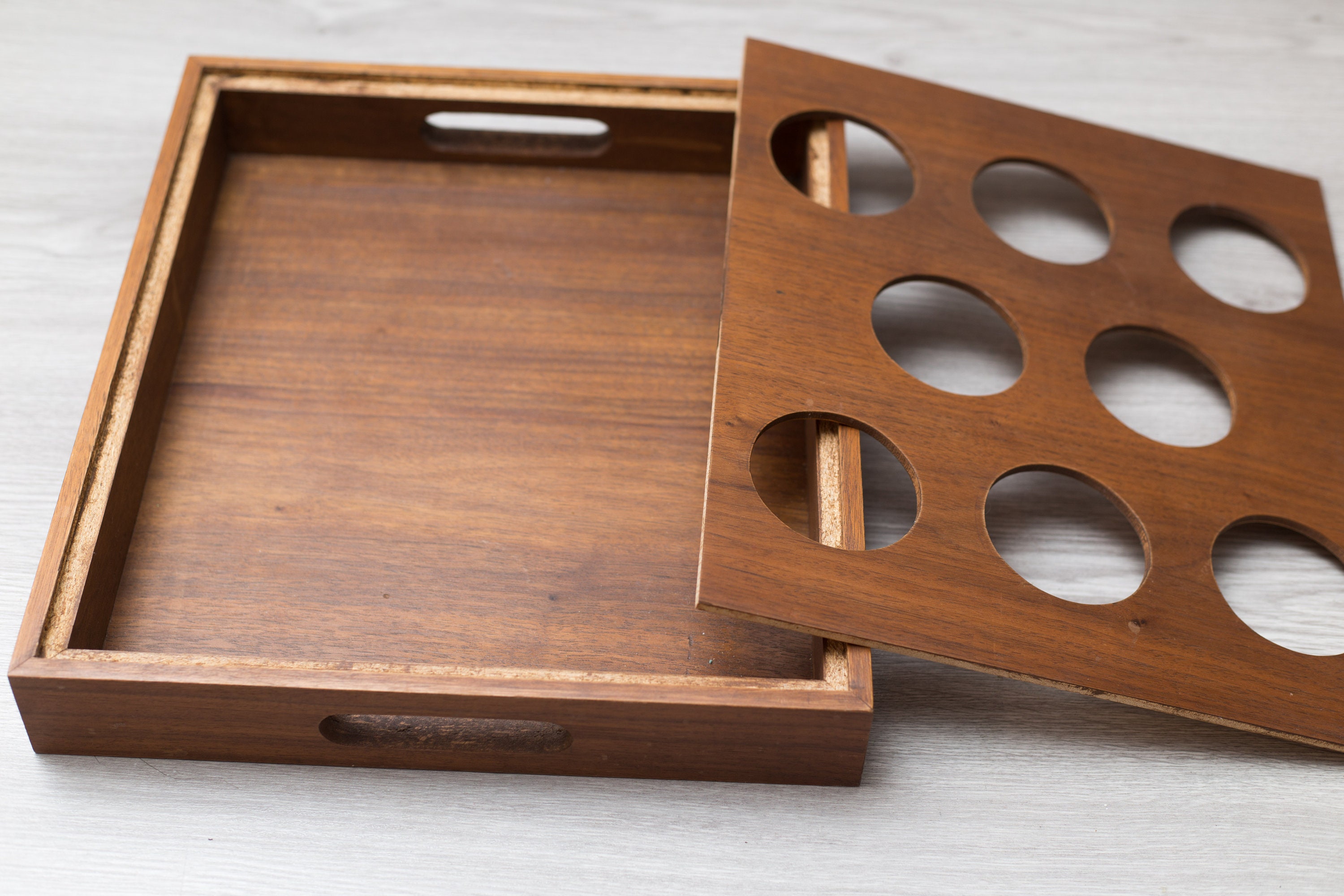 Wood Divided Cup Holder with Handles 8cup Retro Teak Bar Cocktail