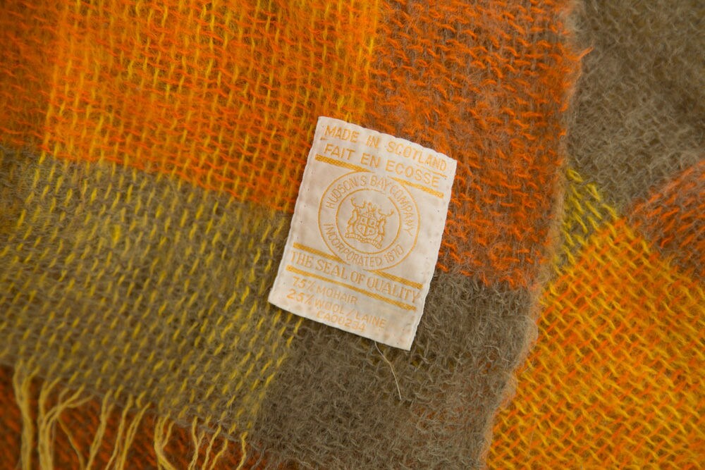 Orange Plaid Blanket / HBC Hudson's Bay Mohair and Wool Throw Vintage