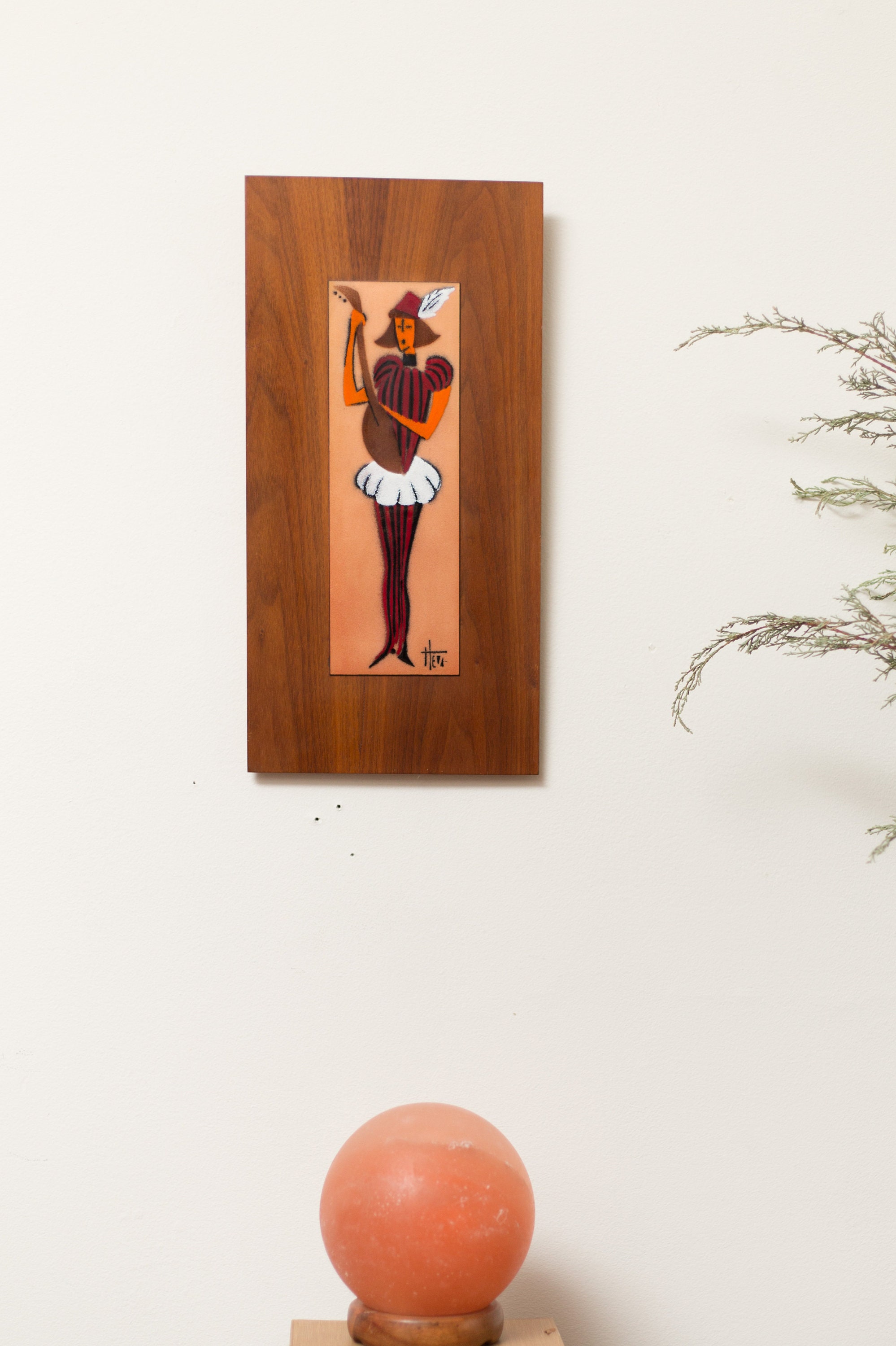 Vintage Framed Enamel Art on Wood Plaque Dutch Mid