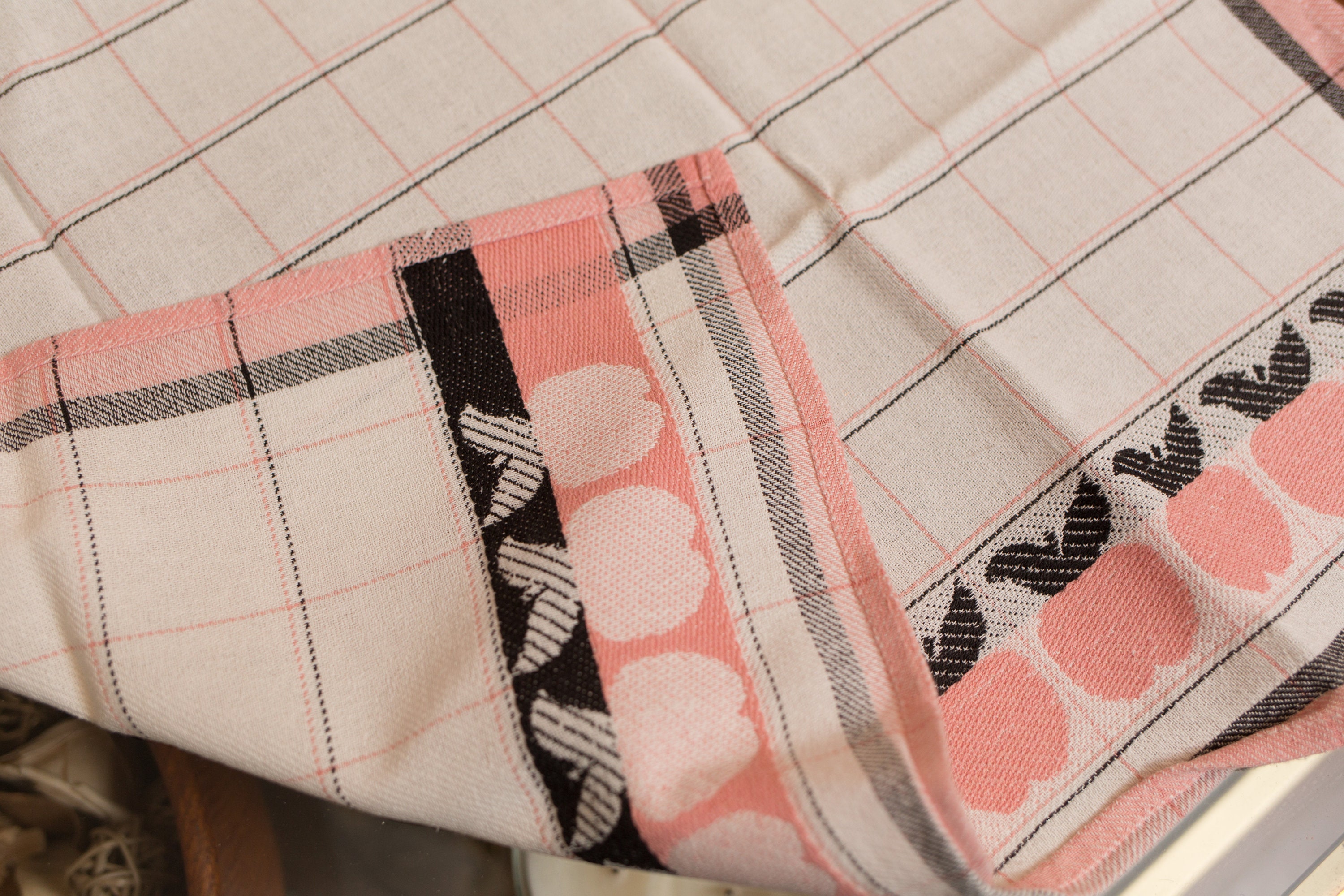 Vintage Tea Towel 1970's Danish Modern Linen Fabric Cloth Pink and White with Apple and