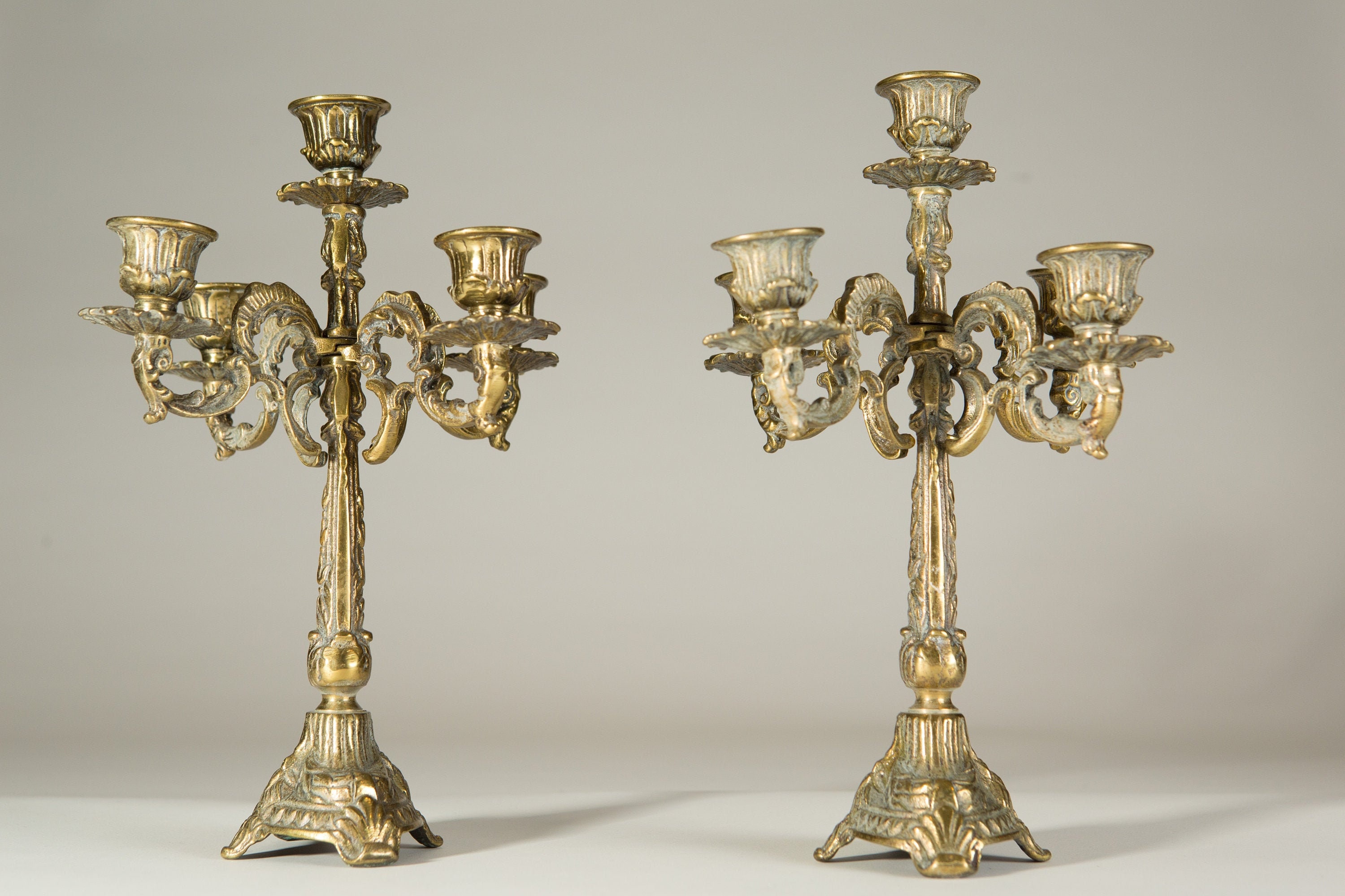Antique Brass Candelabras - Vintage Church Style Candlestick Holders -  Renaissance Gothic Medieval Large Pair of Ornate Candle Holders