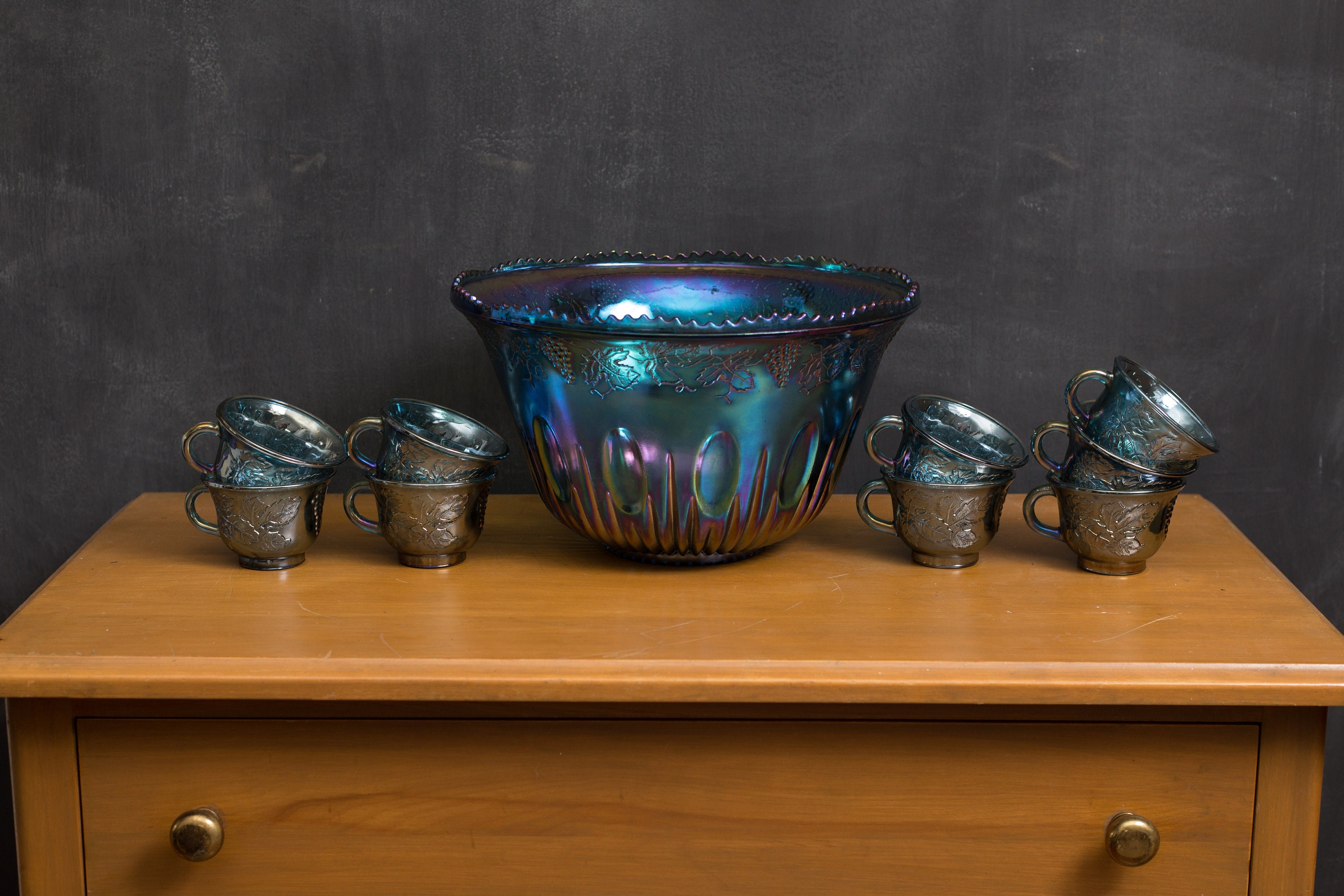 Vintage Iridescent Punchbowl and Cups Indiana Iridescent Blue and