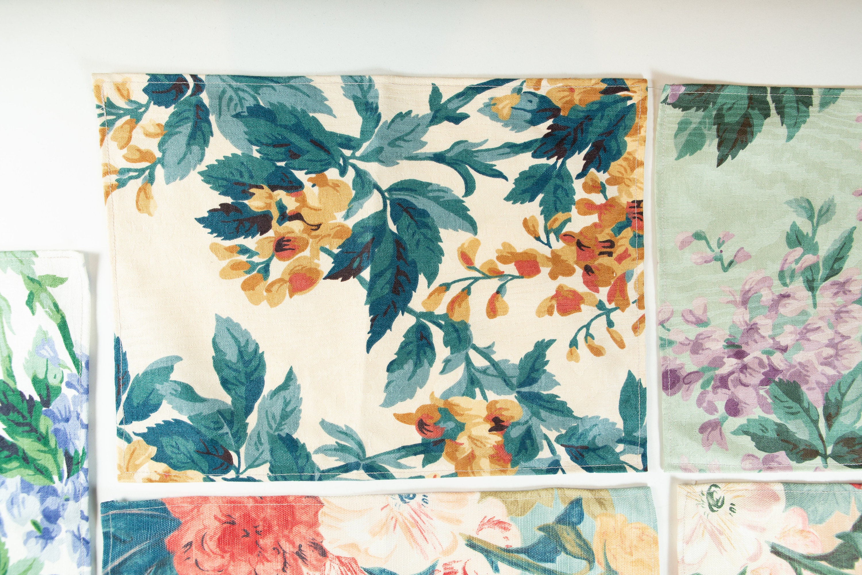 5 Vintage Placemats with Flowers Handmade Modern Floral Hand Woven