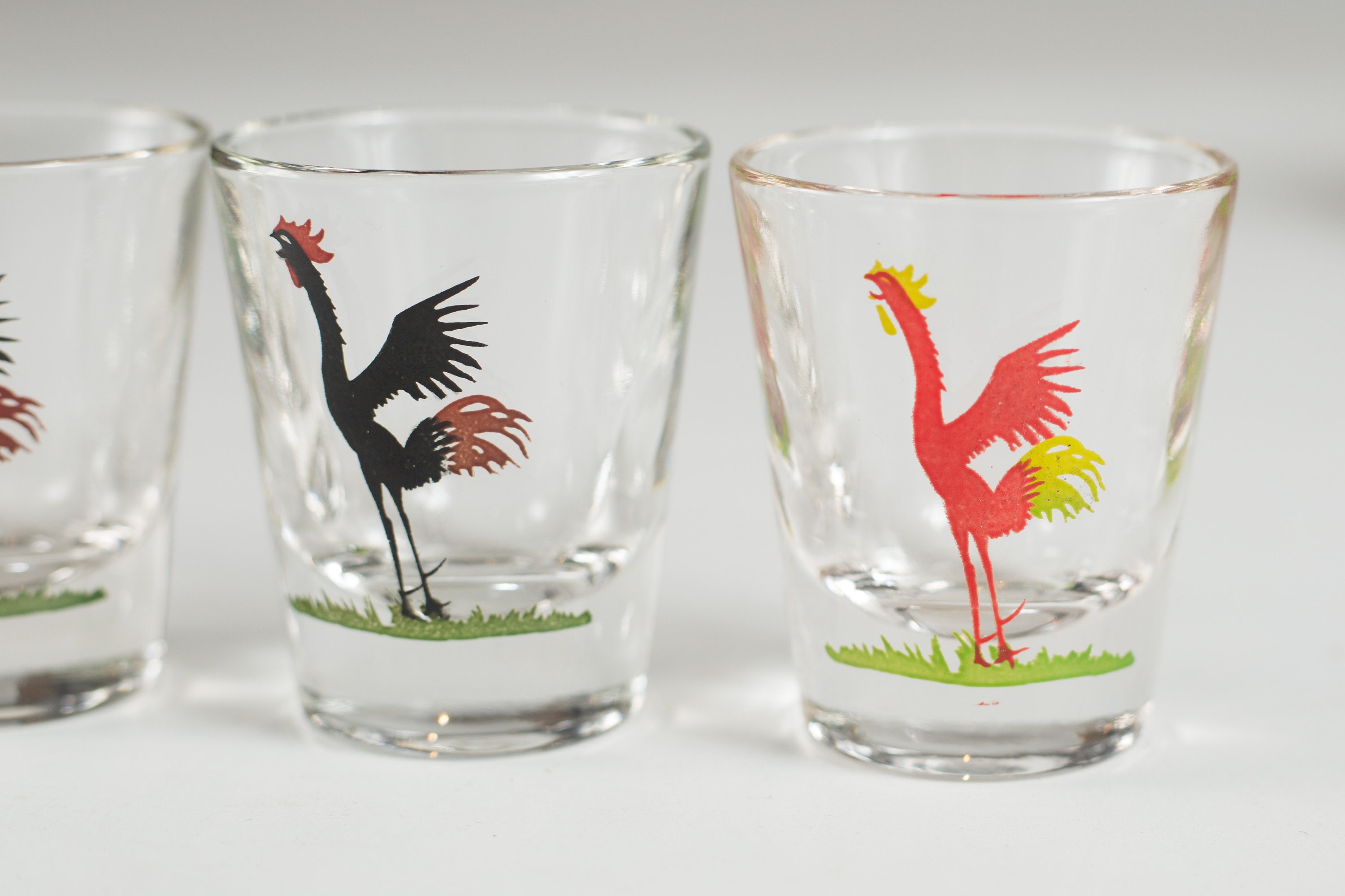 Vintage Rooster Shot Glasses Set of 4 Game Bird Glass Black and Red