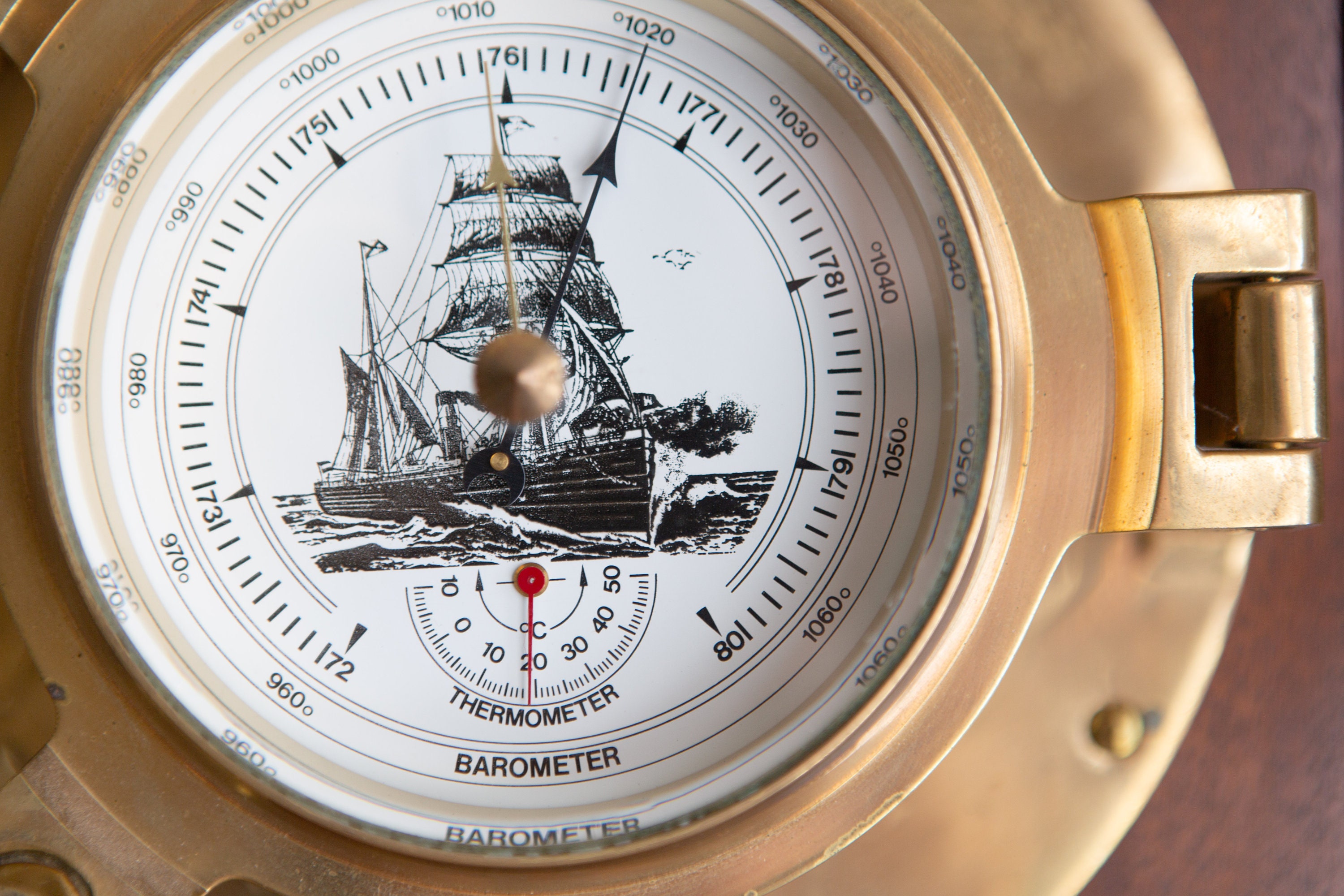 Vintage Brass Porthole Barometer / Thermometer and Wall Clock Mounted