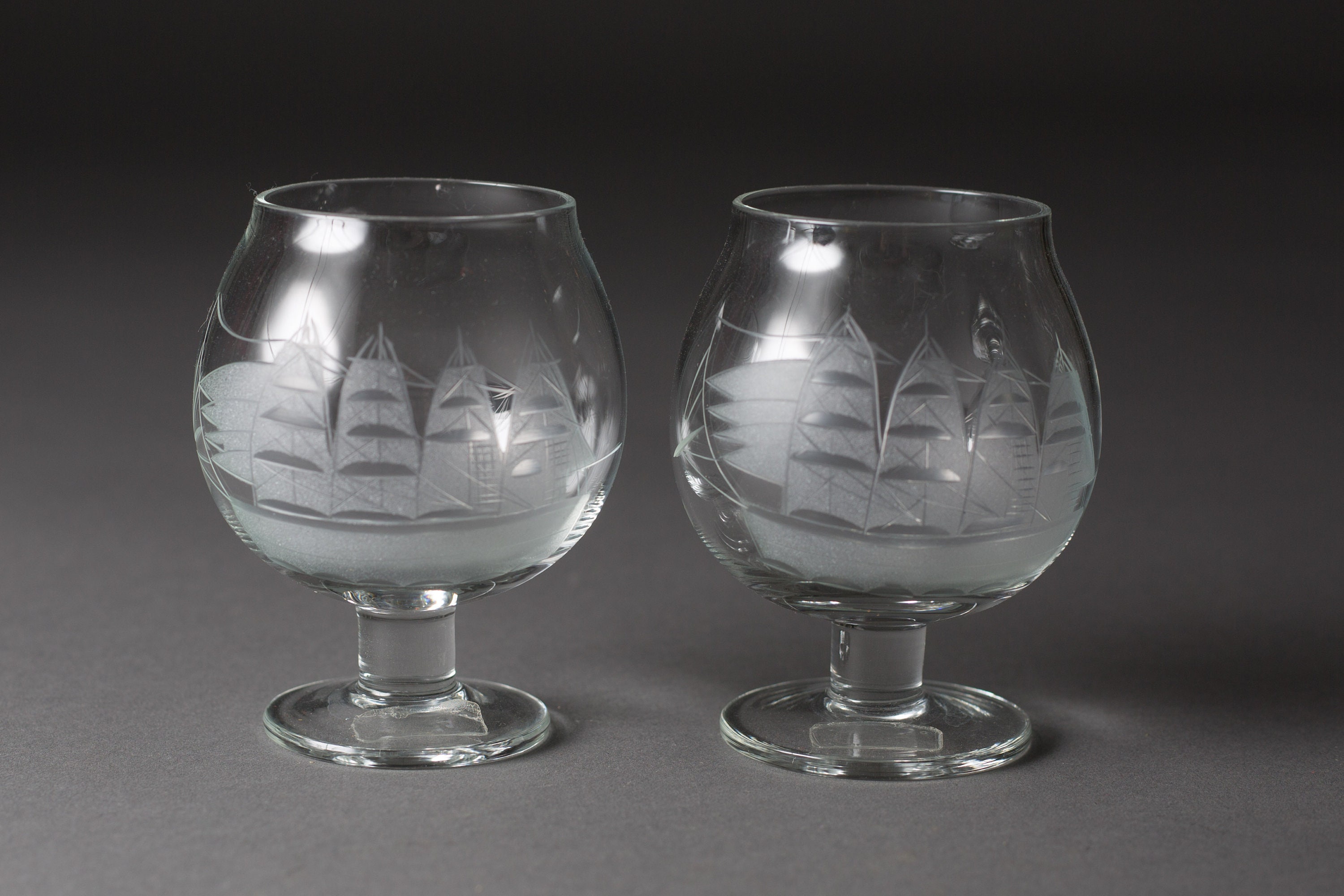 2 Vintage Brandy Glasses 4.5oz Etched Sailing Ship Glasses Retro