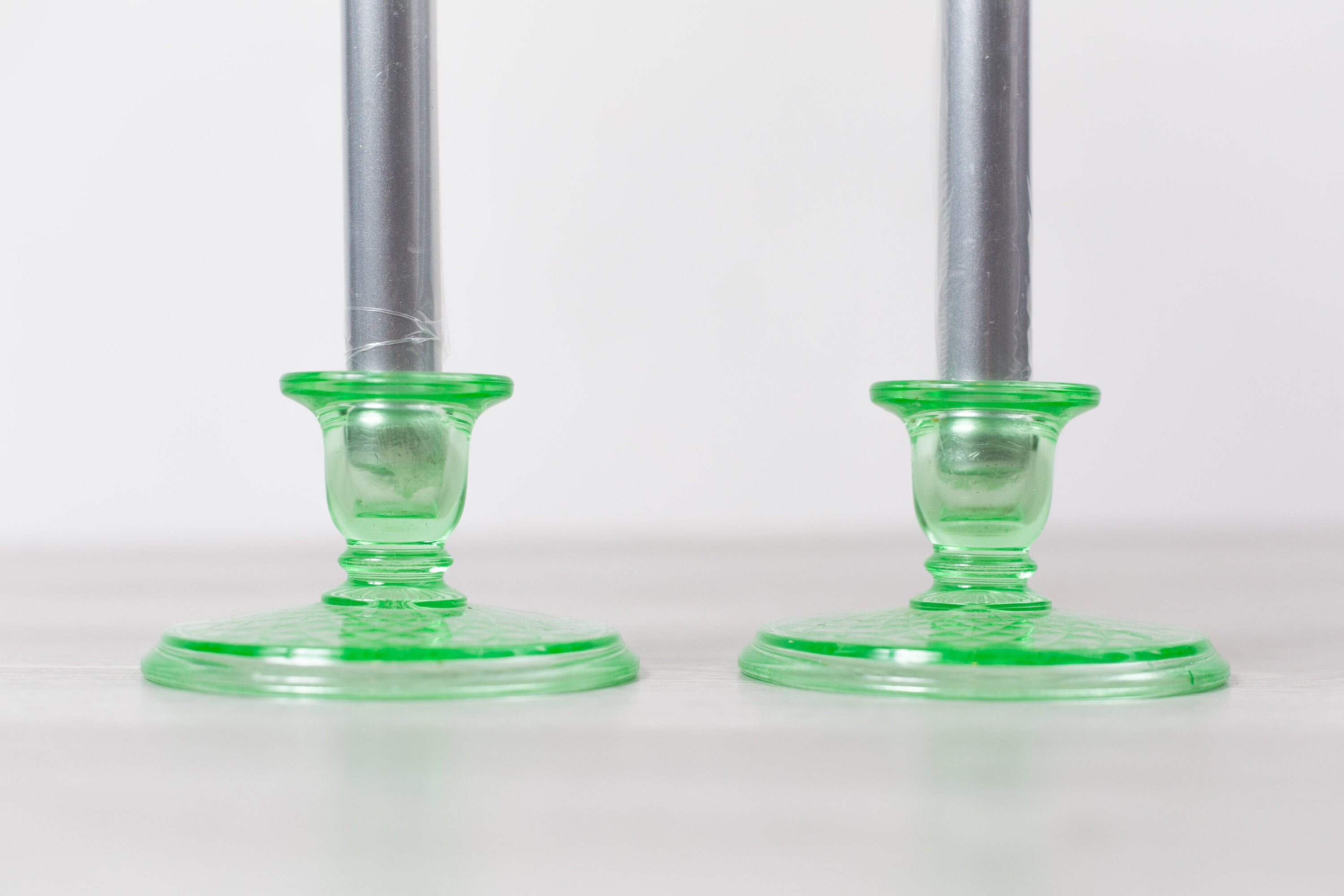 Vaseline Glass Candlestick Holders Antique Uranium Depression Decor