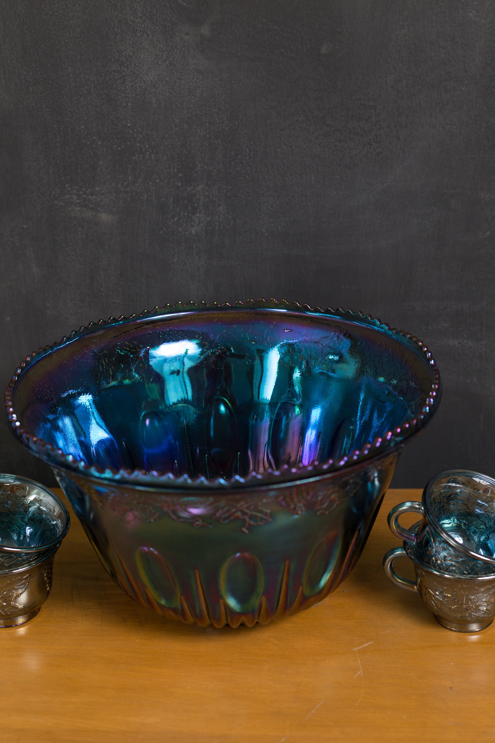 Vintage Iridescent Punchbowl and Cups Indiana Iridescent Blue and