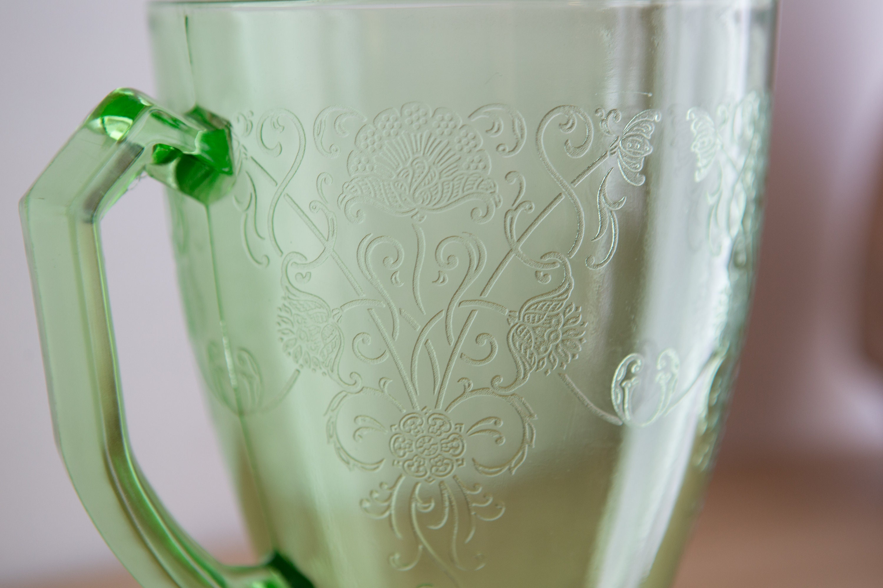 Vaseline Glass Pitcher Florentine Or Poppy Pattern By Hazel Atlas