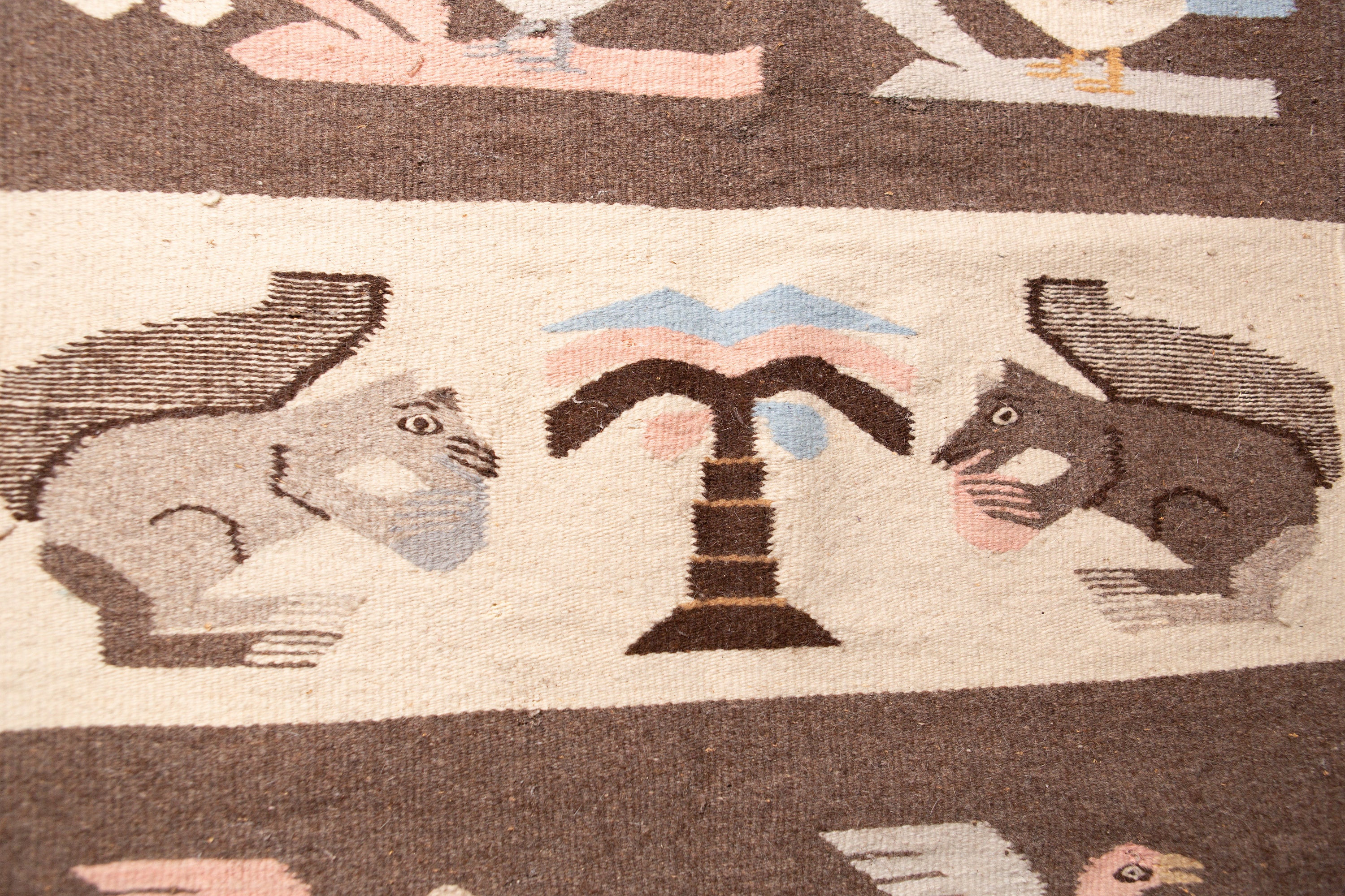 Vintage Accent Rug or Wall Hanging with Squirrels, Birds Brown and