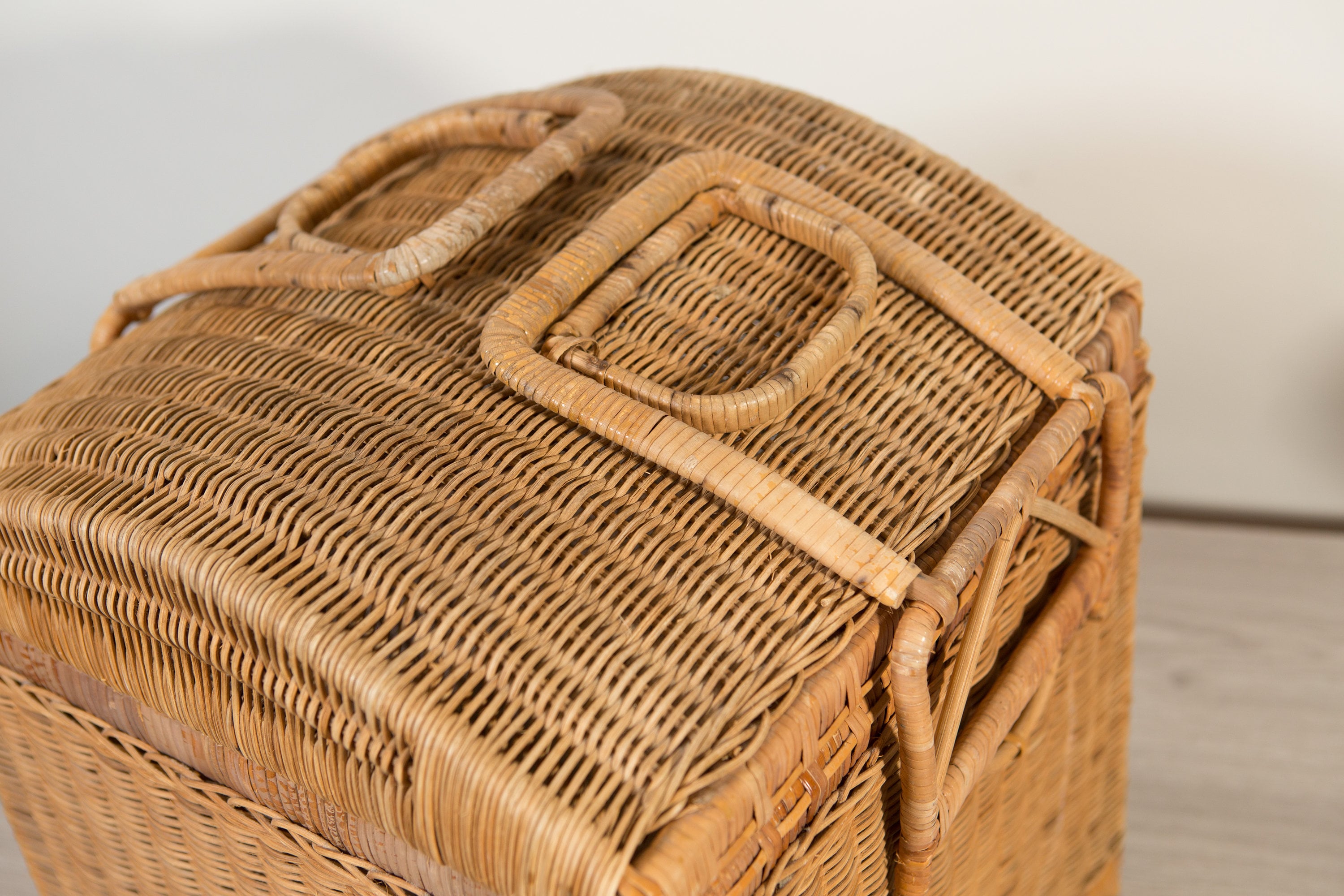 1960's Rattan Wicker Picnic Basket Vintage Brown Woven Square Basket