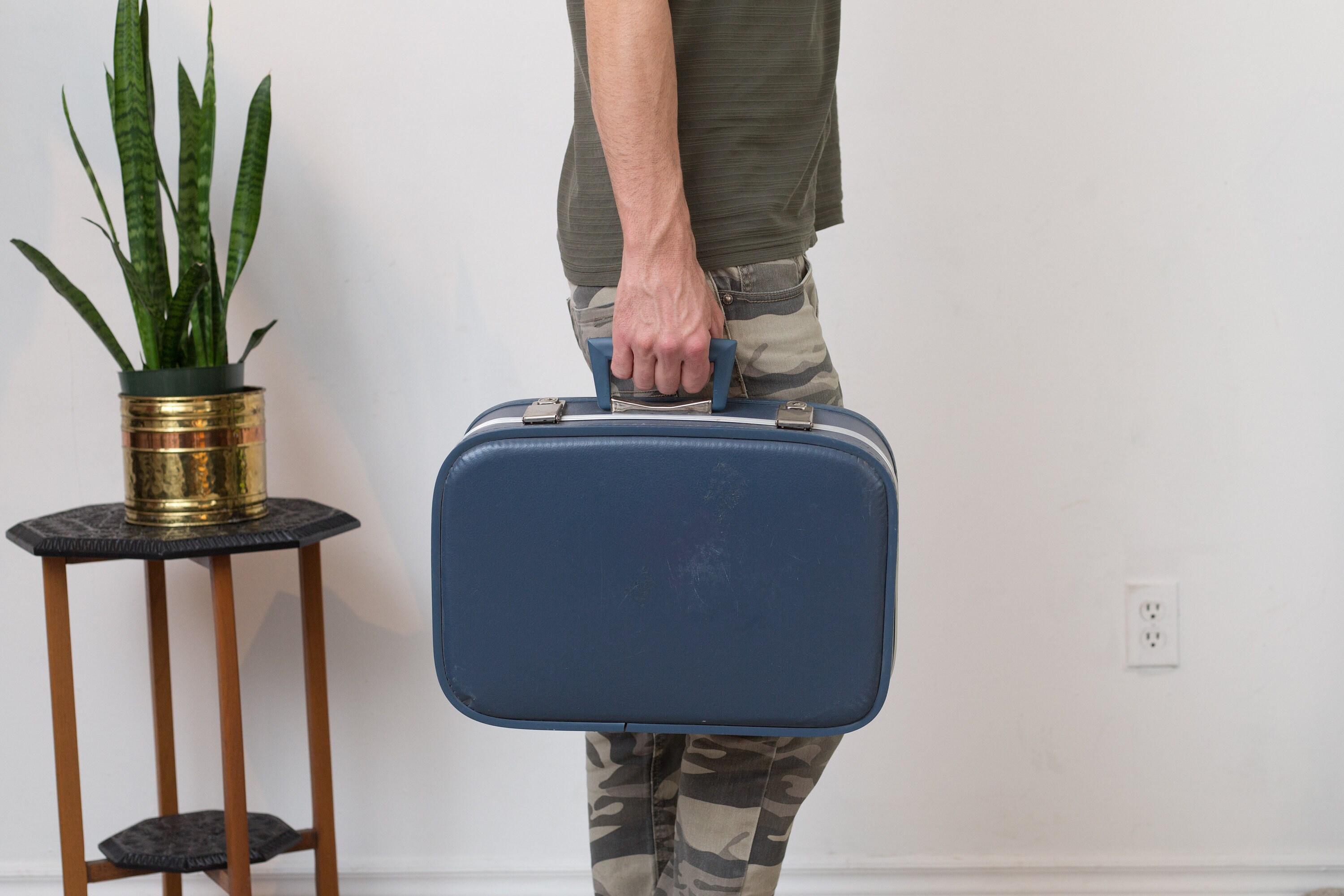 Vintage Blue Suitcase Overnight Luggage Carry on Makeup Briefcase