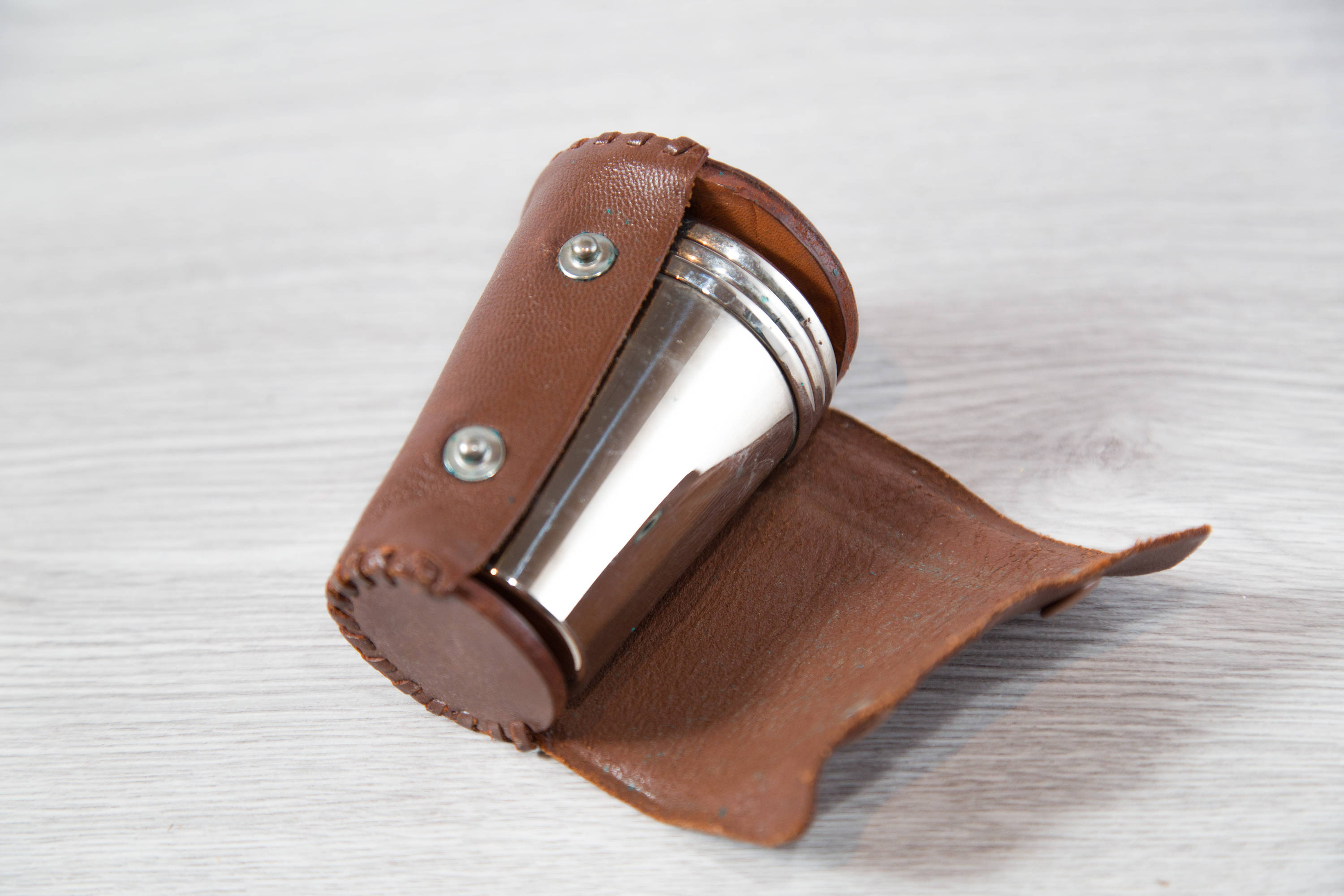 Vintage Travel Cups / Metal Cups with Leather Encasing / Camping Cups