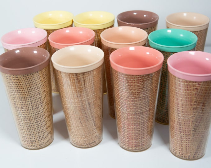 12 Raffiaware Cups - Vintage Plastic Mugs with Burlap Inside - Picnic or Camping Drinking Cups - Retro 70's Party Cups