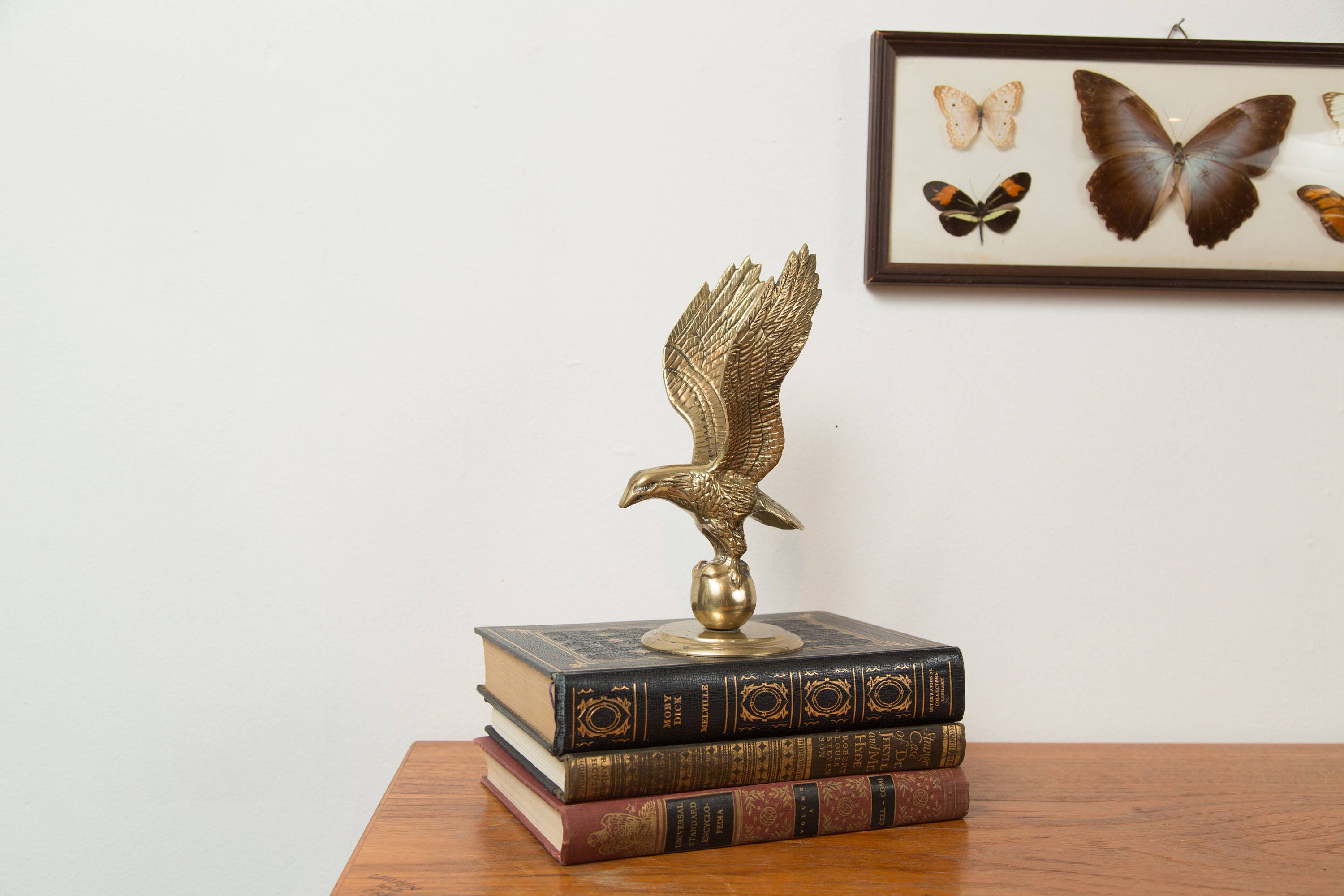 Vintage Brass Eagle / Gold Colored Desk Figurine / Hunting Eagle with