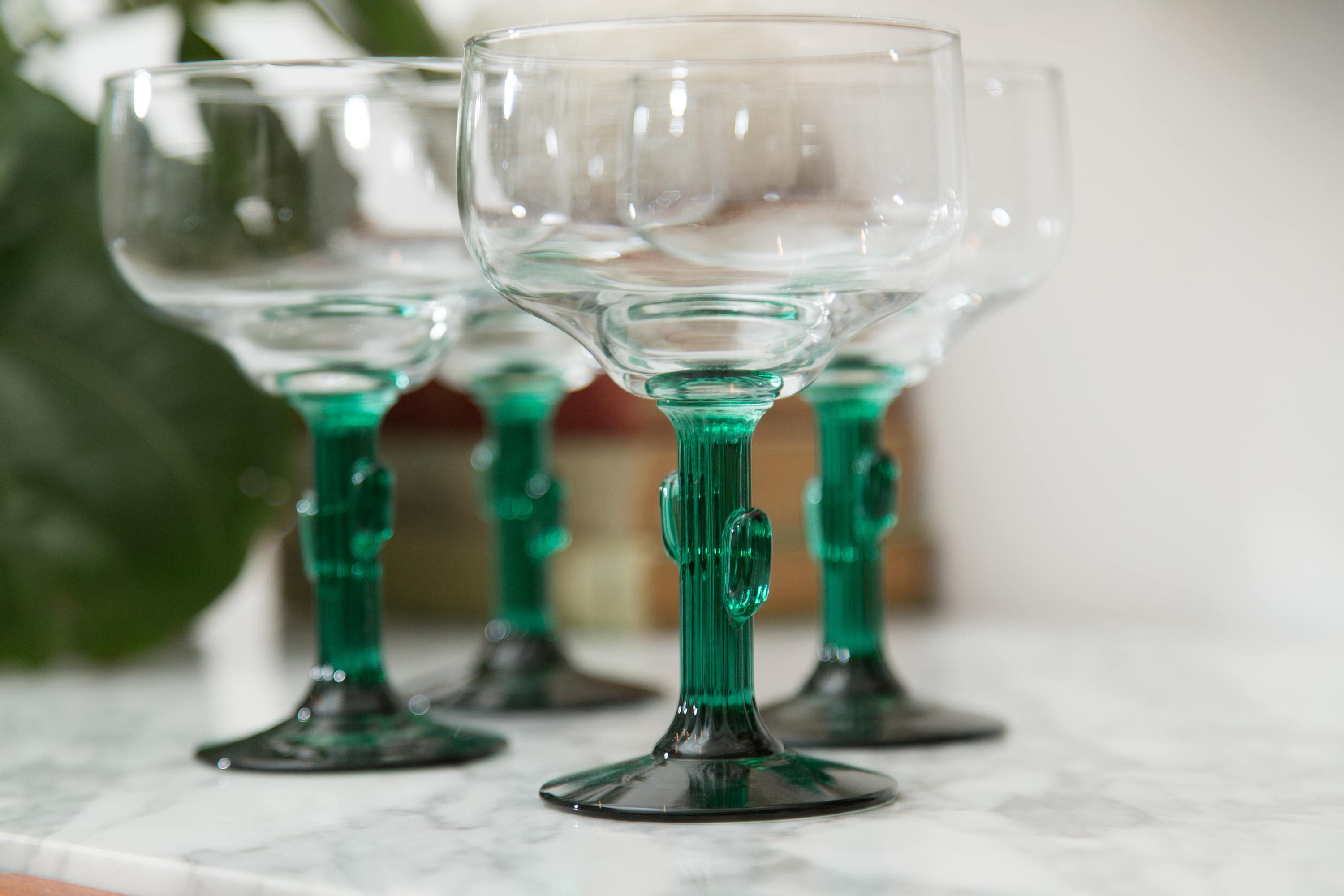 Vintage Cactus Margarita Glasses Southwestern Mexican Green Stem